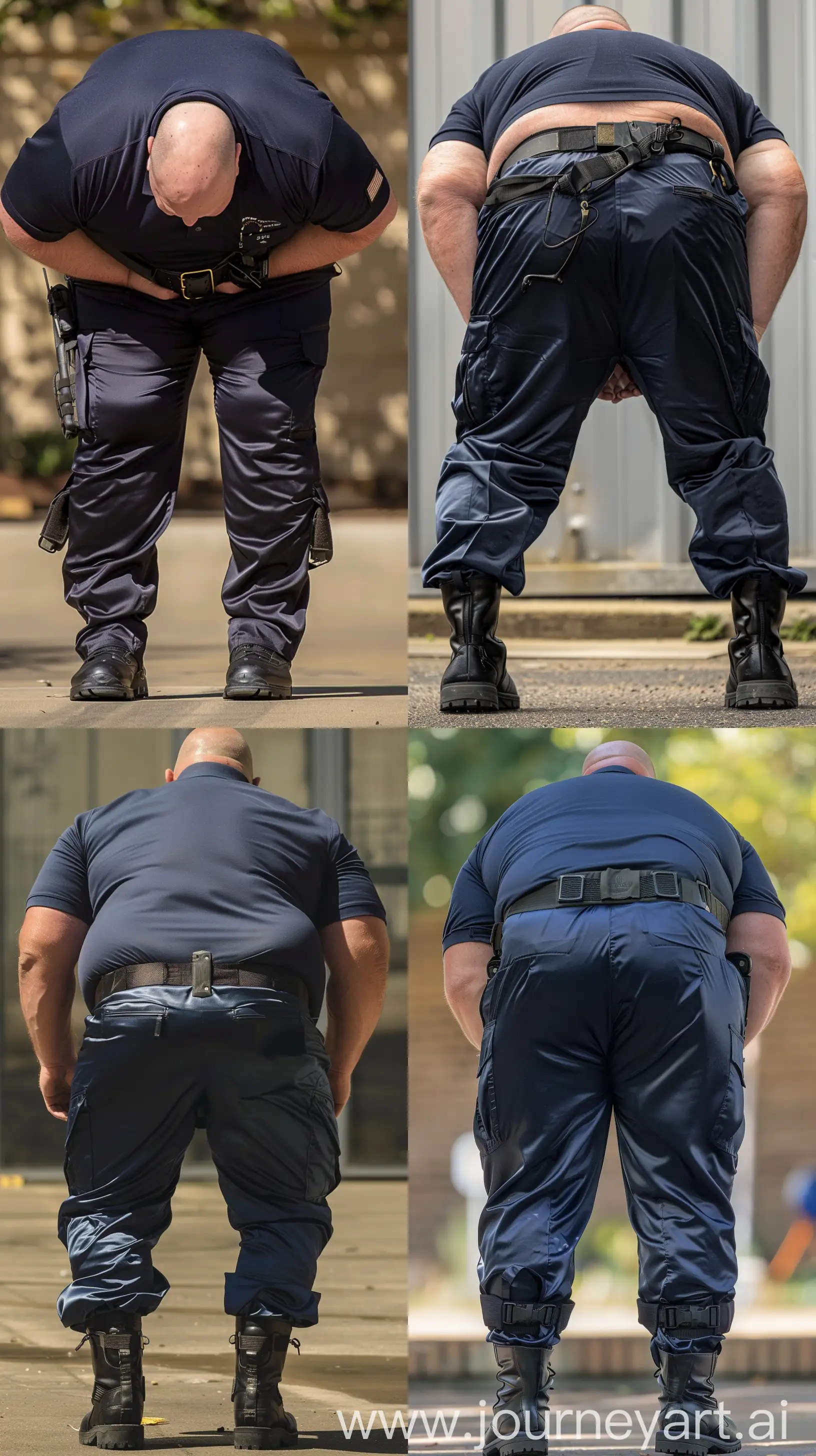 Close-up full body back view photo of a very fat man aged 60. The man is wearing tight silk navy battle pants tucked in black tactical boots, he has a tucked in silk navy sport polo shirt and a black tactical belt. Bowing forward. Outside. Bald. Clean Shaven. Natural light. --ar 9:16