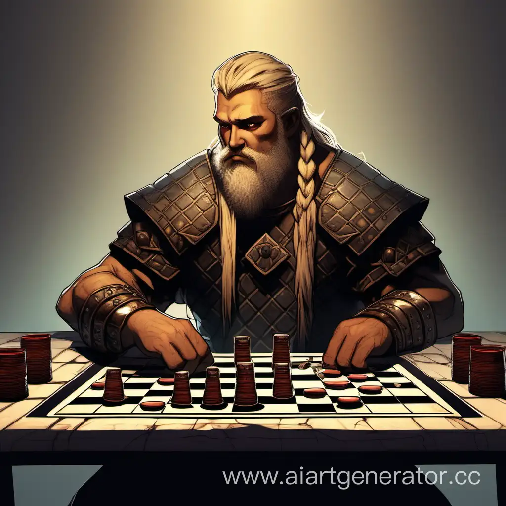 Мужчина, светлые волосы, светлая борода, варвар, фэнтези, сидит за столом, играет в шашки.

