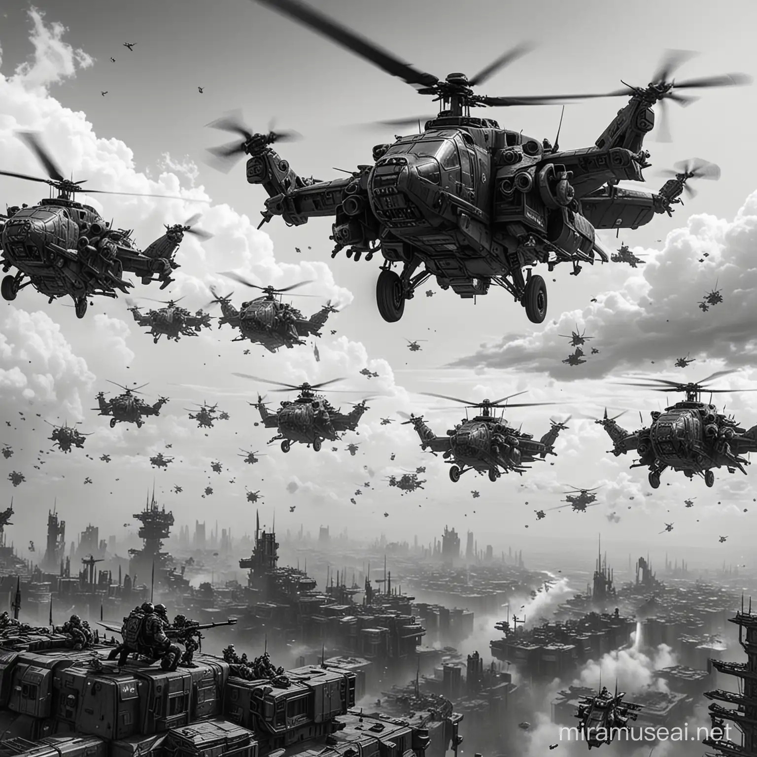 an army of sci-fi orks riding helicopters. black and white