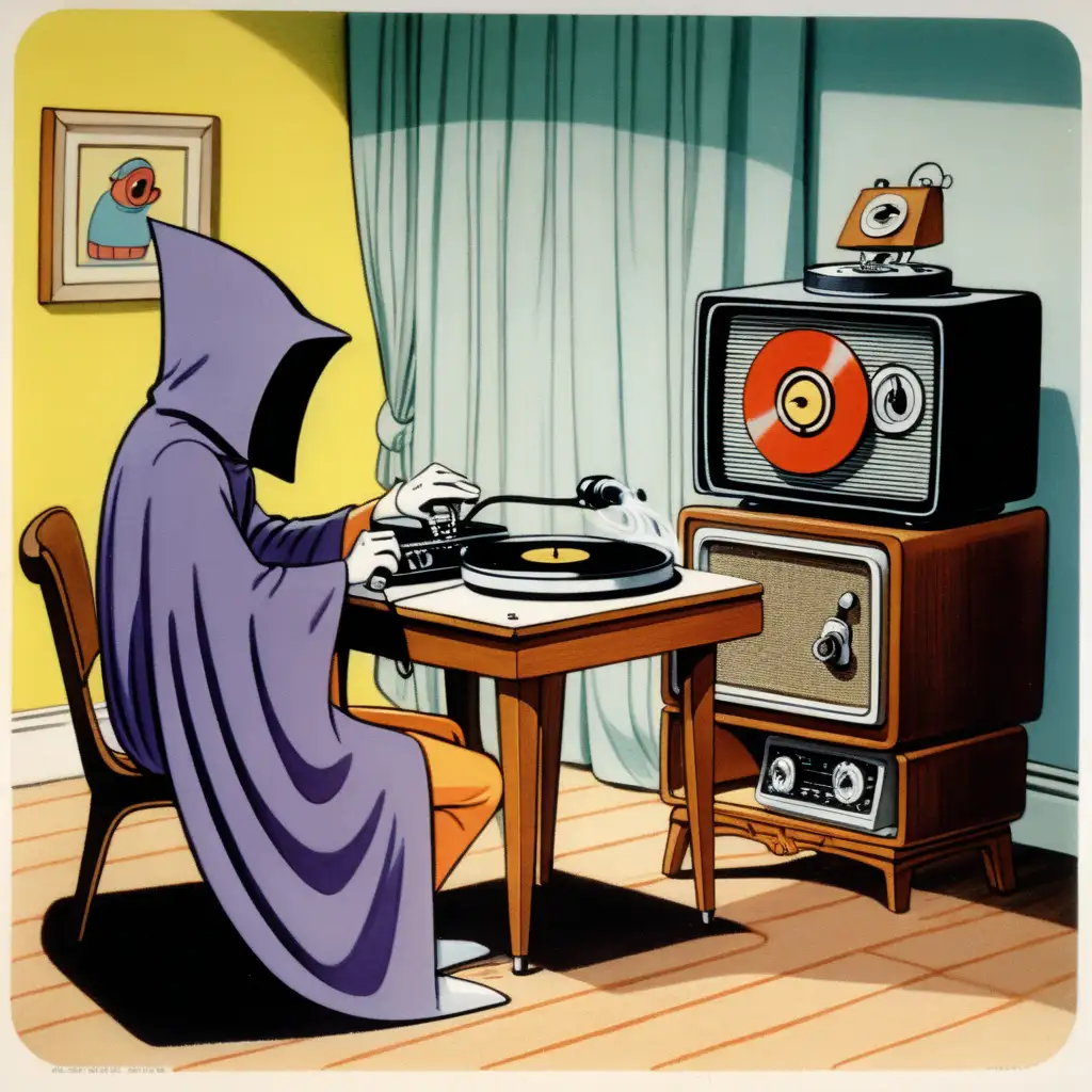 saturday morning cartoon in the 1960s, television show showing little faceless cloaked character listening to record player in the 60's, hanna barbera style cartoon artwork