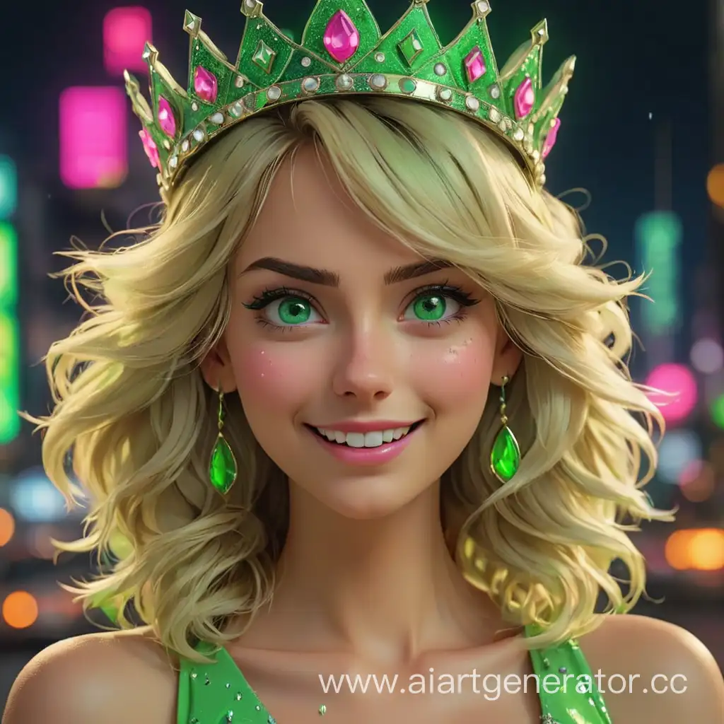 Девушка королева драмы на фоне яркого ночного города, блондинка с зелеными глазами, на голове корона и на глазах слезы и улыбка, изображение в неоне розовый и зеленый цвет