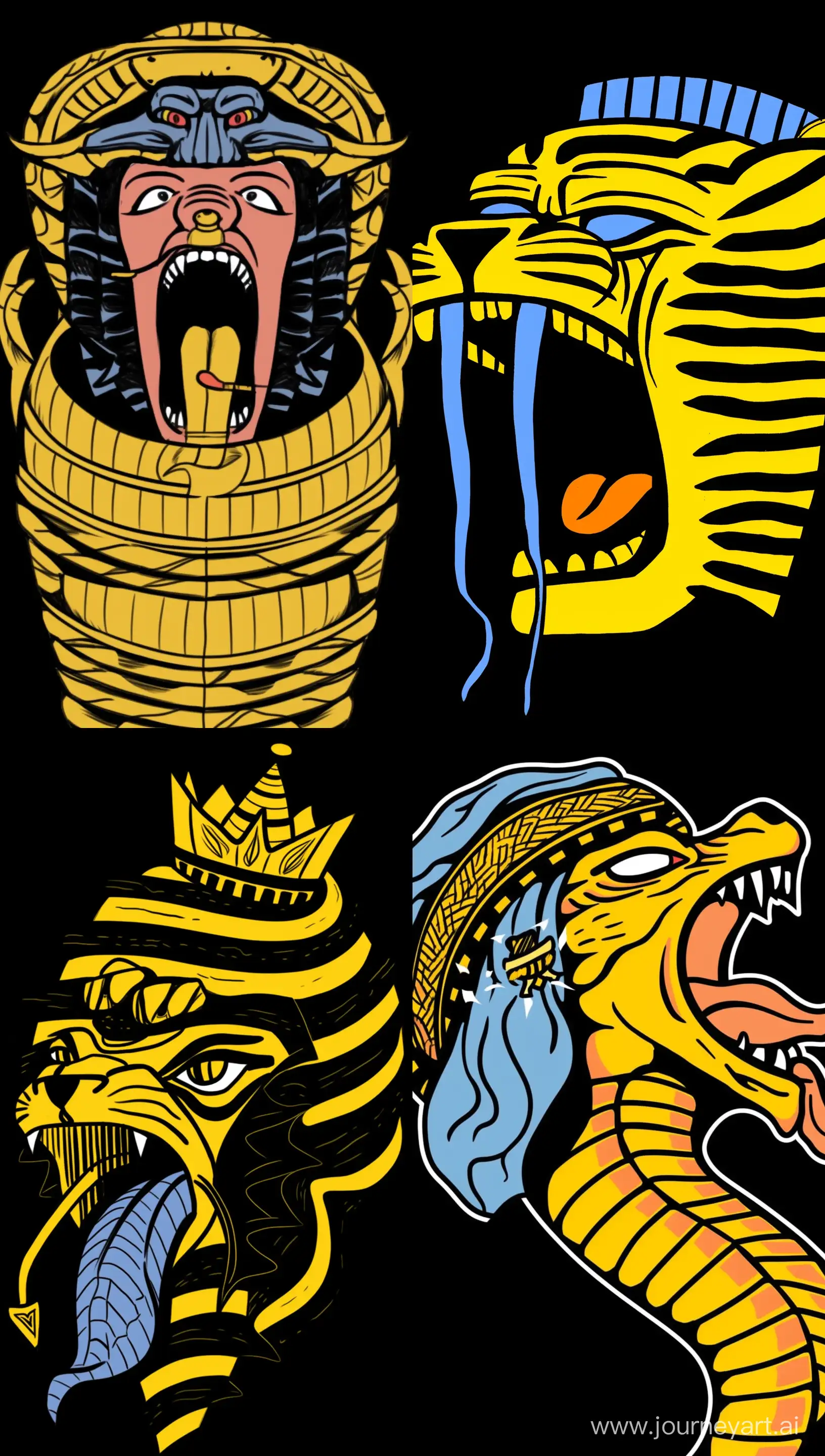 An illustration of tutankhamun with sticking out his tongue, in the style of Flat shading, Gemma Correll, photo-manipulated --ar 48:85 --niji 5