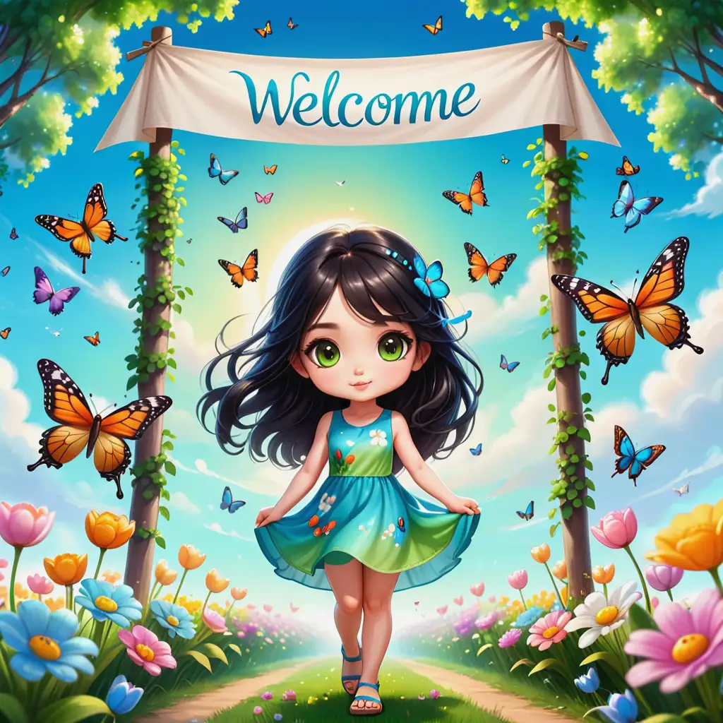 create a 4K beautiful Colorful Spring backdrop with lots of beautiful airbrush alcohol oil painting illustrations of flowers birds and butterflies flying around it. Standing in front of the backdrop a beautiful Chibi lady, with long black hair, Big Hazel green eyes, wearing a beautiful blue mini spring dress with white sandals, she's holding a banner that reads " WELCOME APRIL" full white background and body image view