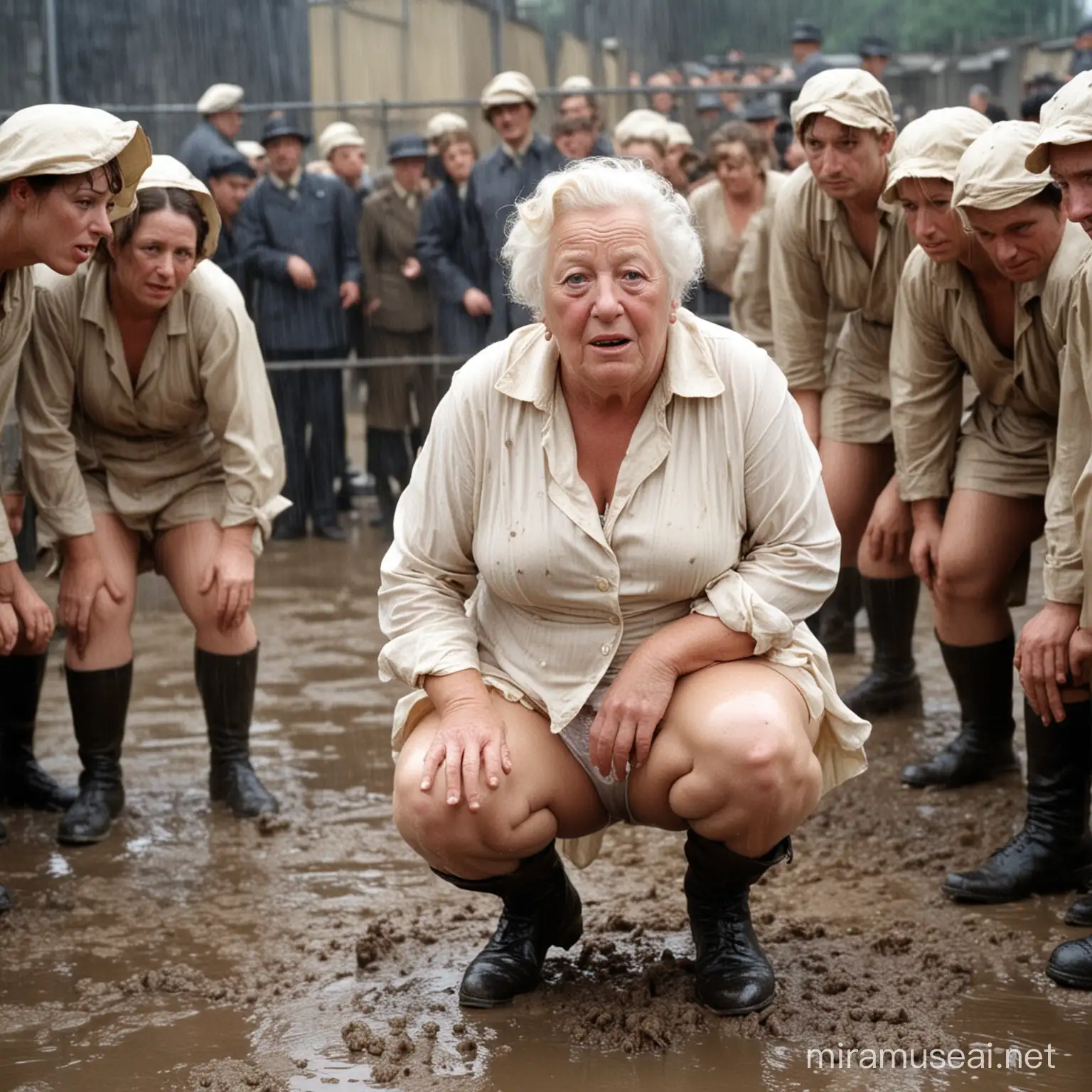 A colour photo of Margaret Rutherford, wearing wet lacy white panties, squatting with legs apart, in a muddy prison camp in the rain, watched by guards.