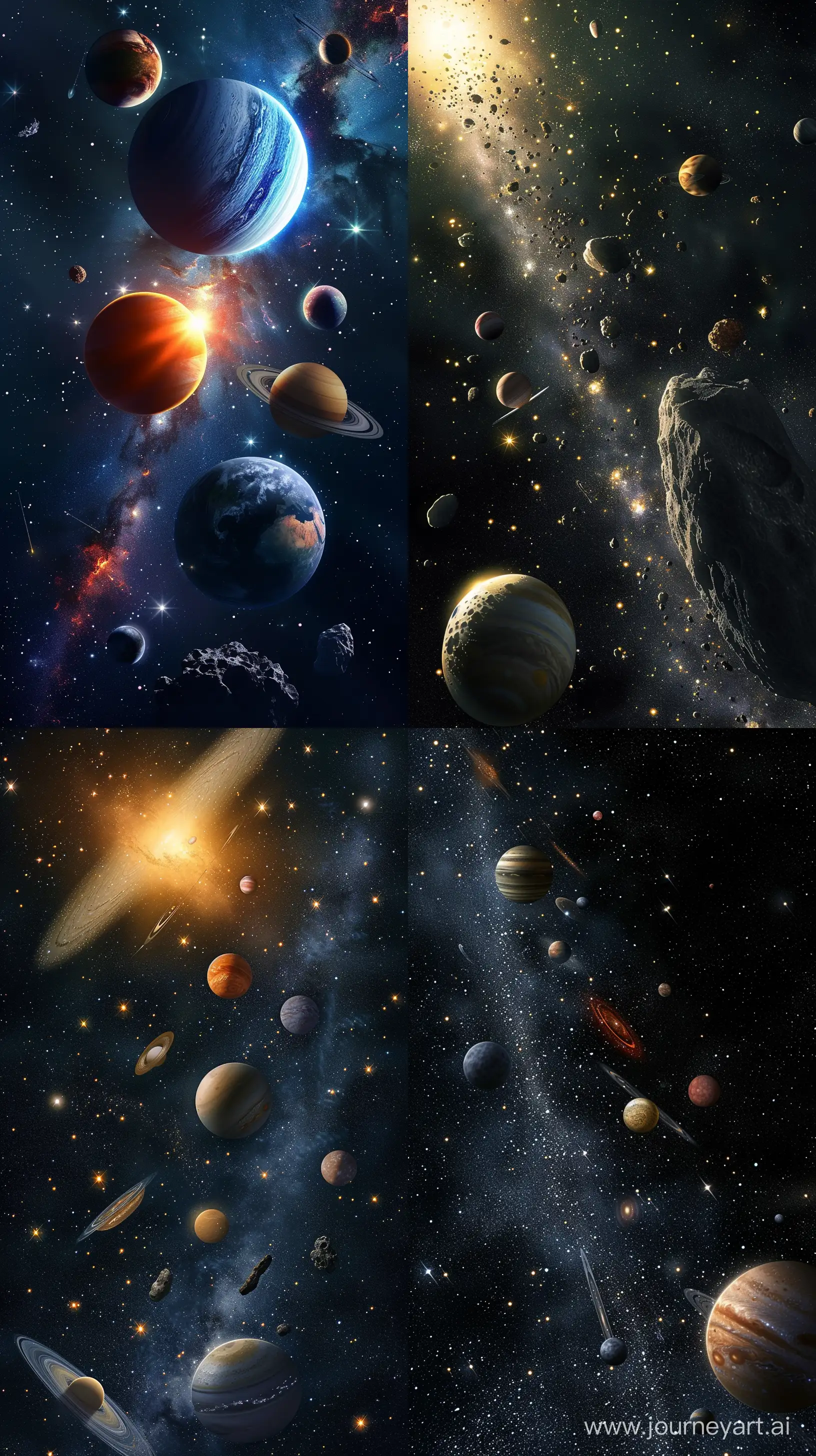 Realistic images depicting the cosmos, there are stars, 10 planets, asteroids, and other cosmic things, intricate details, UHD --ar 9:16 --v 6