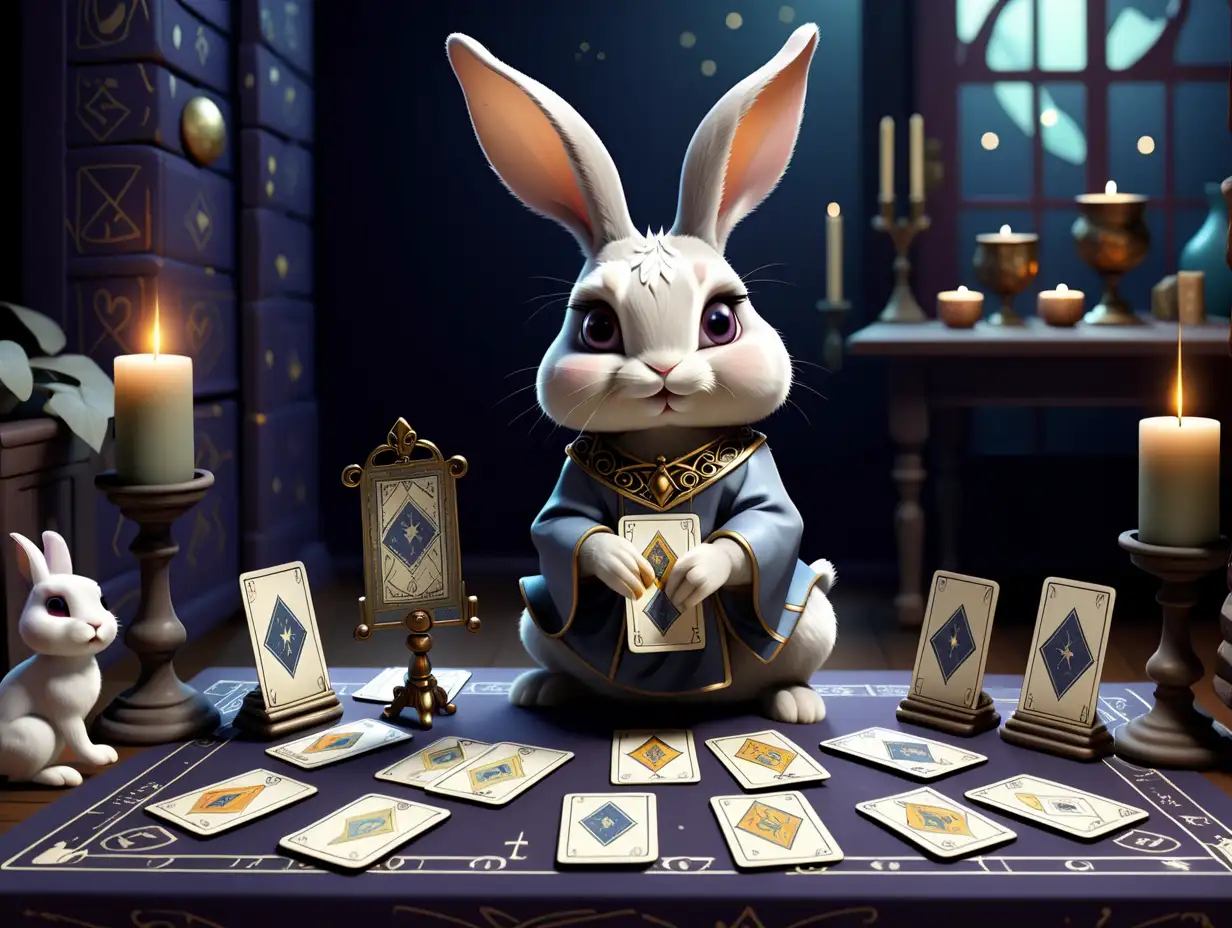 A cute myserious bunny playing with tarot cards.