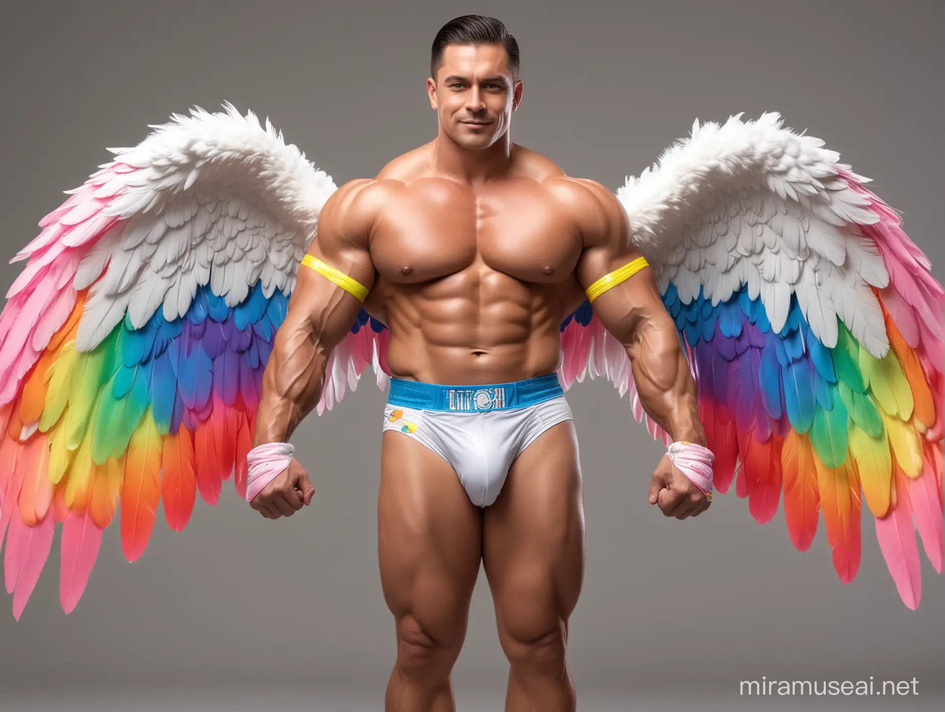 Muscular Bodybuilder Flexing with Colorful Eagle Wings Jacket and Doraemon