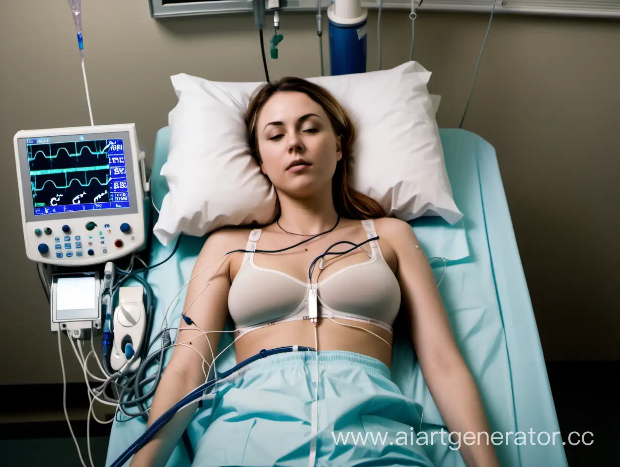 Young Adult woman lying in a medical bed. She is wearing a bra. She has a urinary catheter inserted into her bladder. EKG electrodes are attached to her chest to monitor her heart. She is connected to many medical devices with wires and tubes, including an EKG and a urinary catheter. The catheter is important, it is connected to a drainage bag.