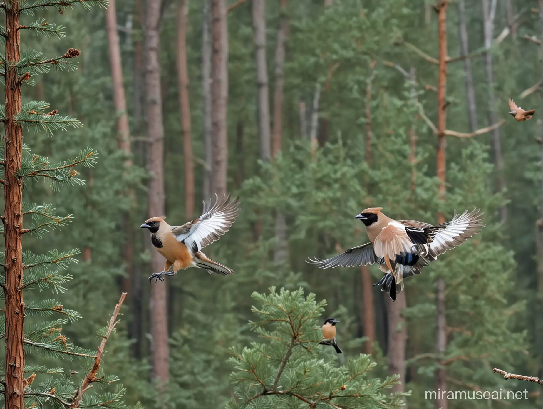 Photo. A cross between two birds - a Siberian jay and a European magpie - flies in a spruce forest.