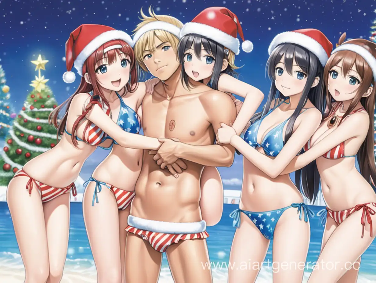 a normal Japanese boy being hugged by three Japanese waifus in Christmas bikinis