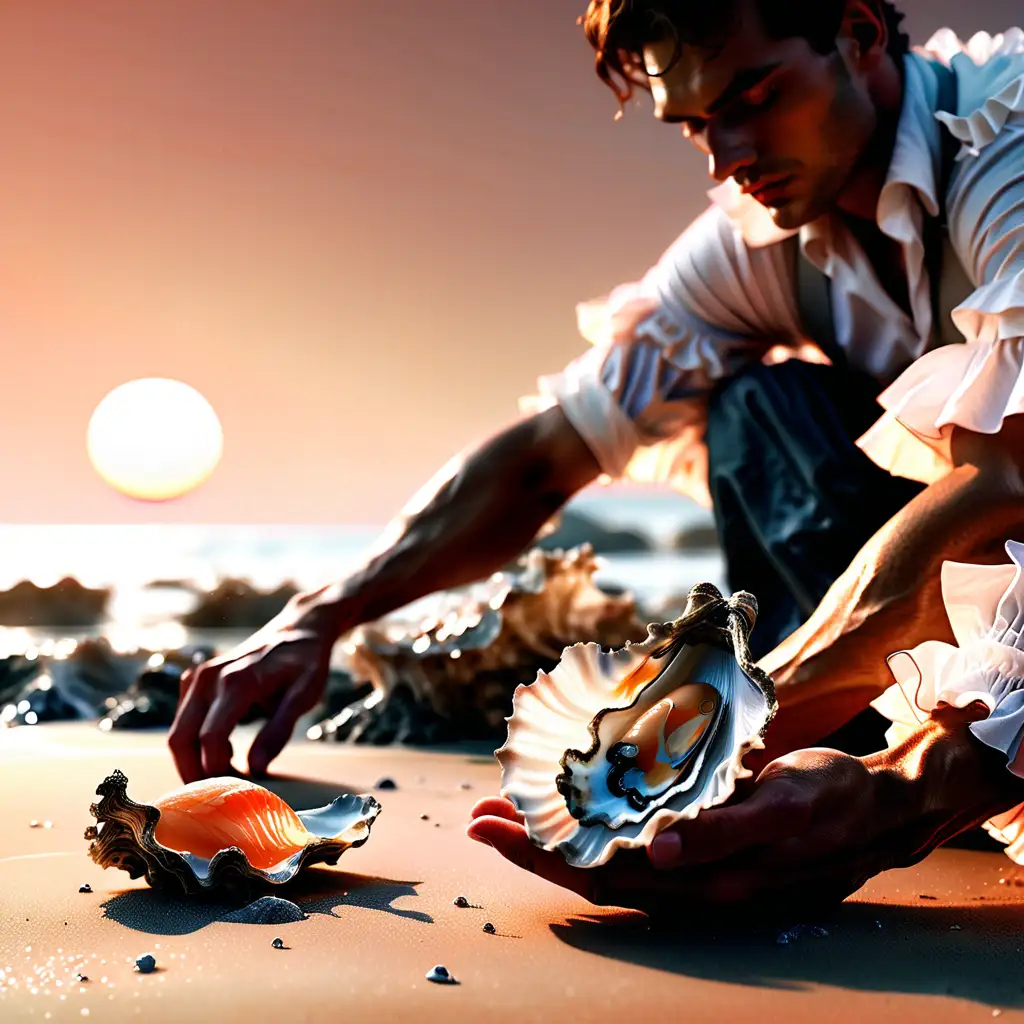 a male model and an oyster on a sea shore, soft mystical colors, light moon dust, hyper realistic, wearing white ruffles and folds, day time, hyper realistic, dusty peach sunset colors