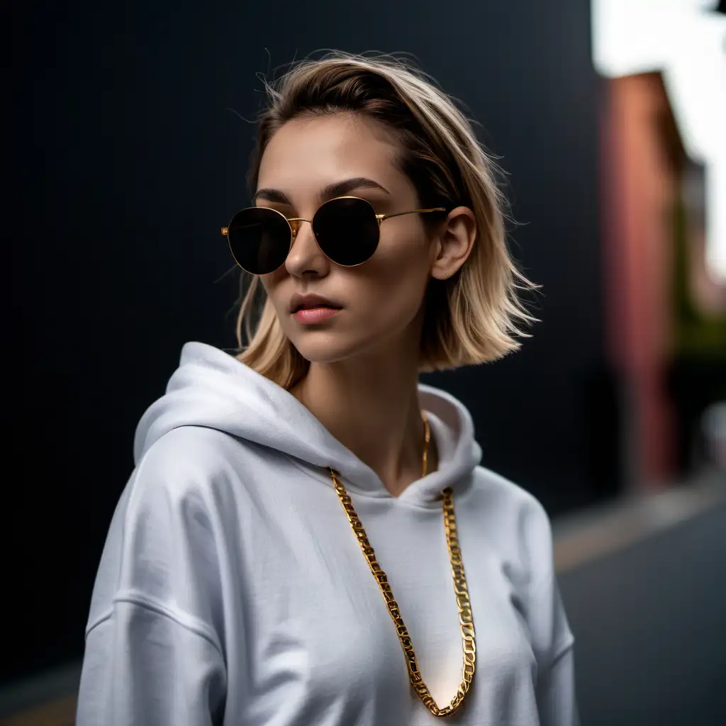 Chic Street Style Confident Model in Minimalist Gold Necklace and Streetwear