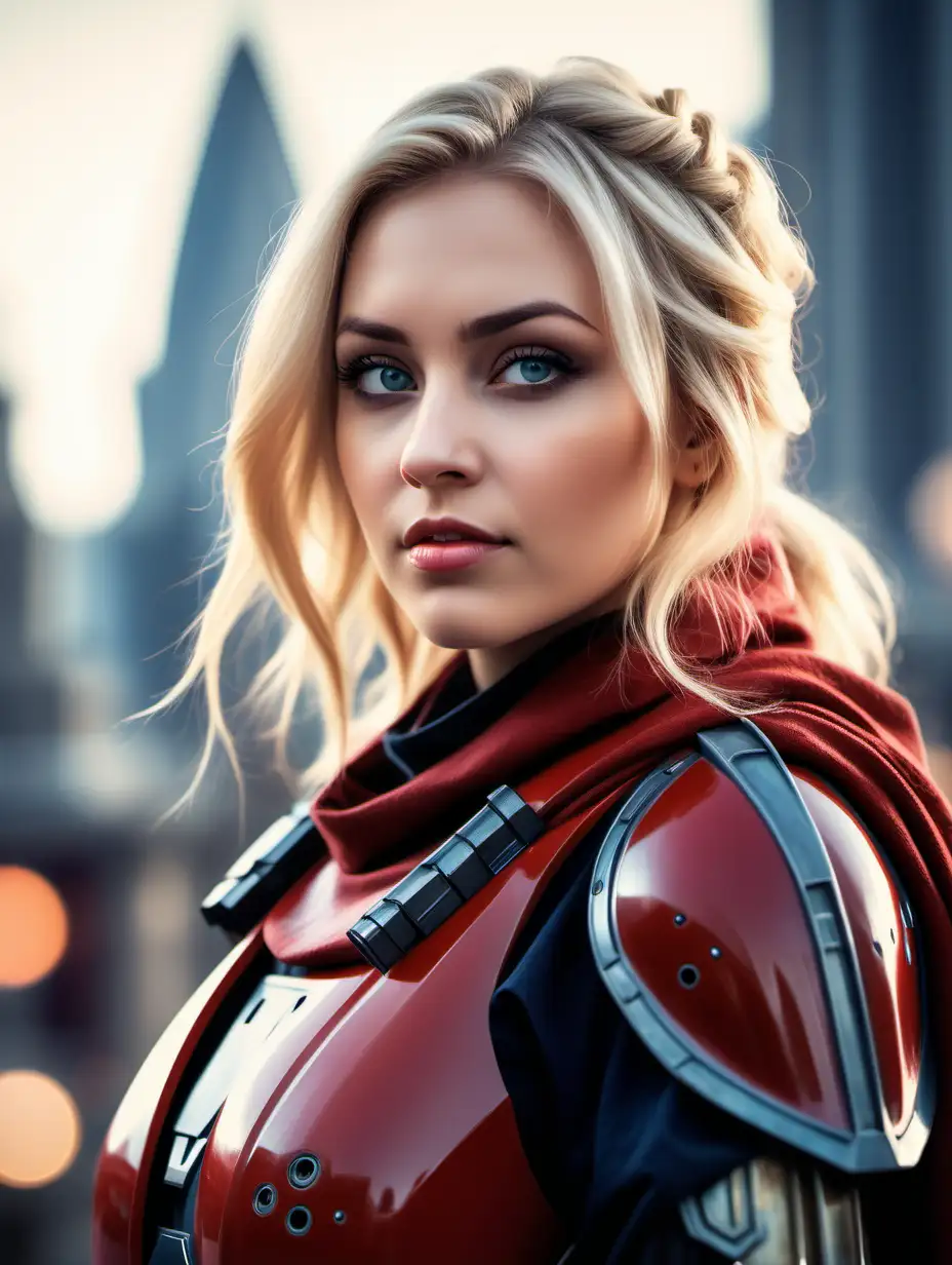 Beautiful Nordic woman, very attractive face, detailed eyes, big breasts, slim body, messy blonde hair, wearing a red Bo Katan mandalorian cosplay outfit, close up, bokeh background, soft light on face, rim lighting, facing away from camera, looking back over her shoulder, standing in front of a city on Naboo, Illustration, very high detail, extra wide photo, full body photo, aerial photo