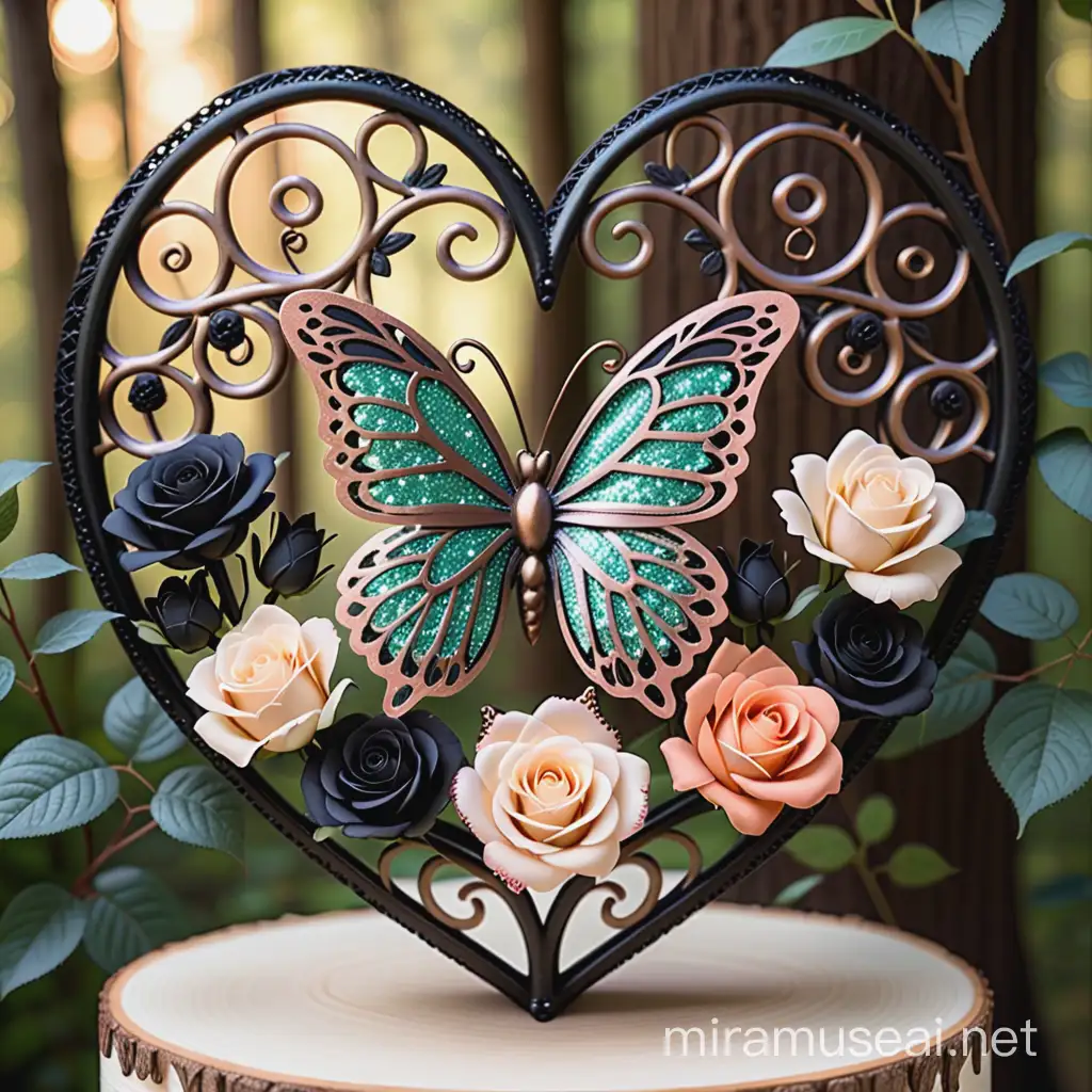filigree butterfly, hollow triple glitter heart with bi colored roses, beautiful forest background, Bronze, ivory, black, peach color