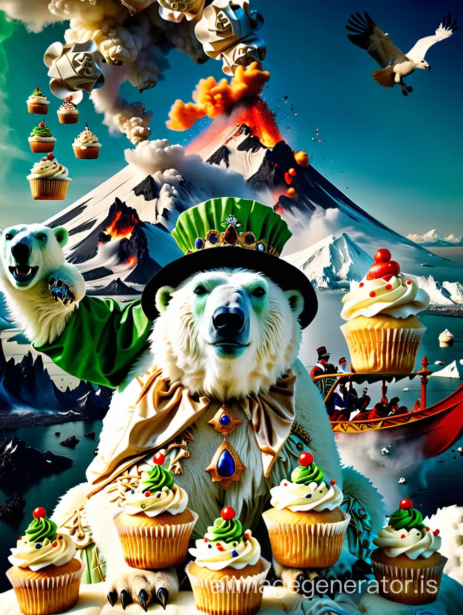 I want a photo which represents a queen dressed in a Venetian costume. She is sitting on the back of a polar bear. She has a big green nose and a hat shaped like a boat. We can see five cupcakes which are flying in the sky. In the background, we can see an erupting volcano.