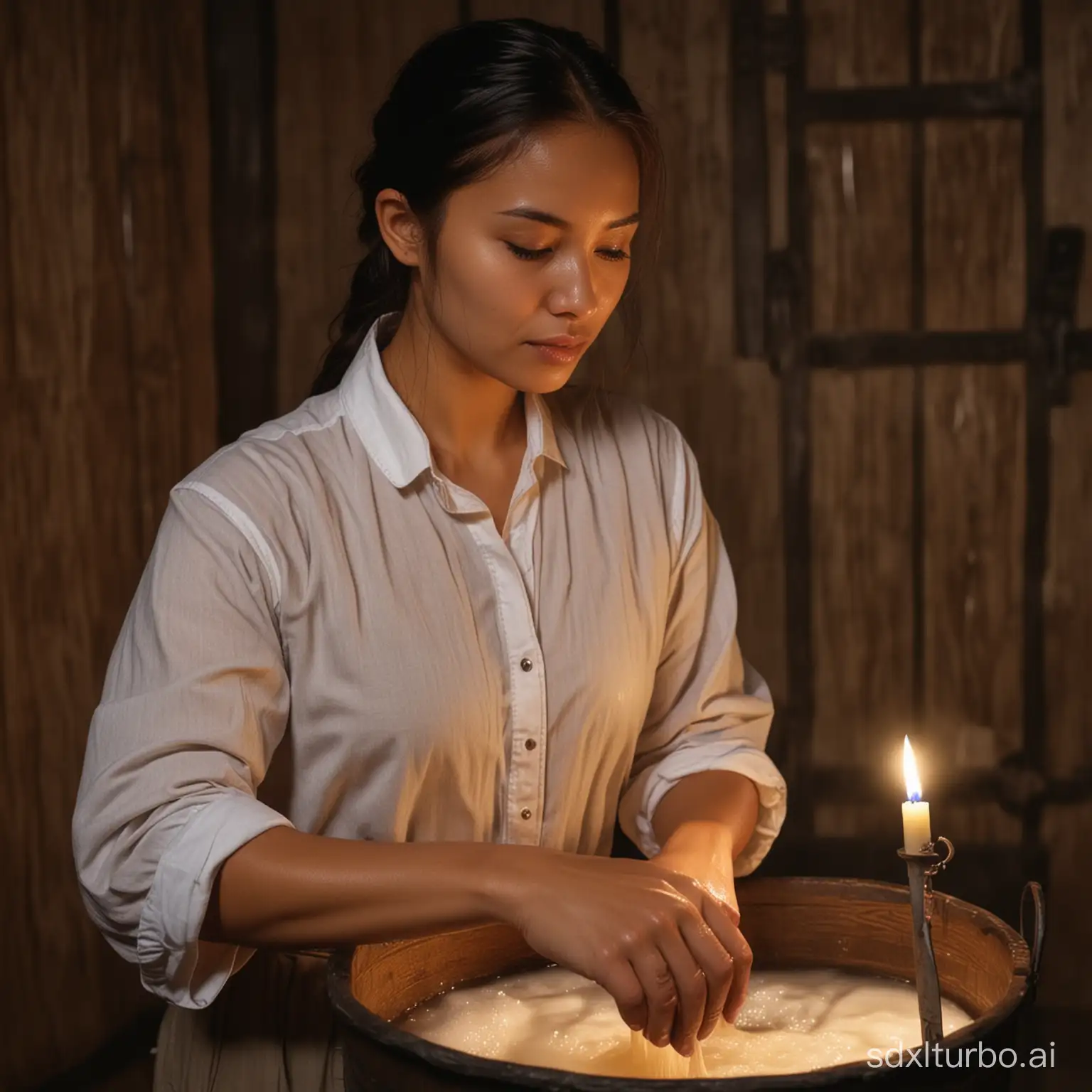 Filipina woman in farm house. Medieval time. Washing hands in wooden bucket. Revealing. Open cotton shirt. Wet. Candle lights. Portrait. Extremely Detailed