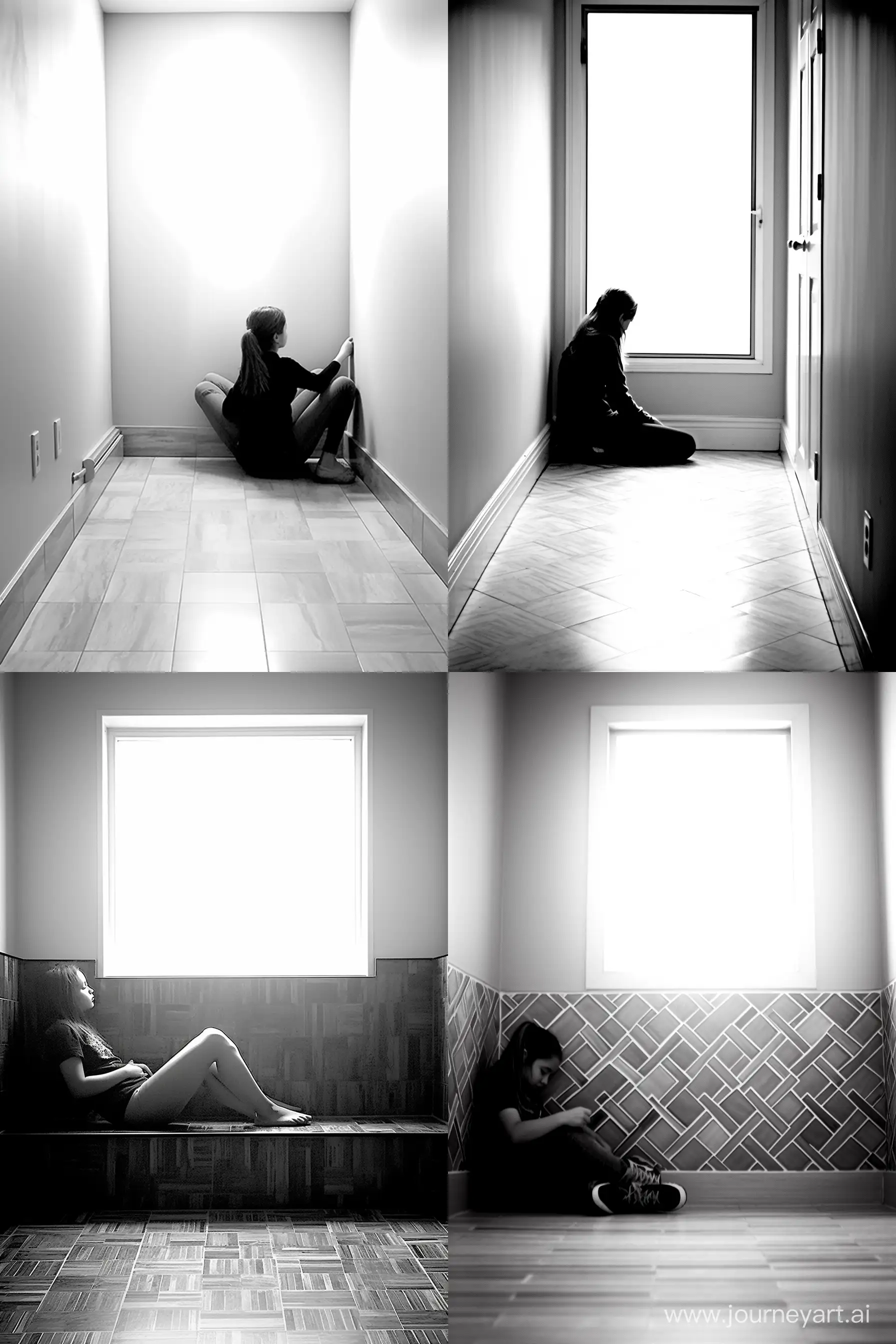 black-and-white photograph depicting a scene with a young adult female sitting on the floor of a bathroom. She is unhinged and losing her mind. Shes wearing a long sleeve sweater top and sleep shorts. The natural light from a window above the toilet creates soft shadows, emphasizing the textures of the bathroom tiles, floor patterns, and fixtures. The viewer's perspective is from the doorway, looking down at the disturbing scene. The monochromatic photograph uses tonal contrasts, focusing on the young woman's deranged activity in a mundane environment. --ar 2:3