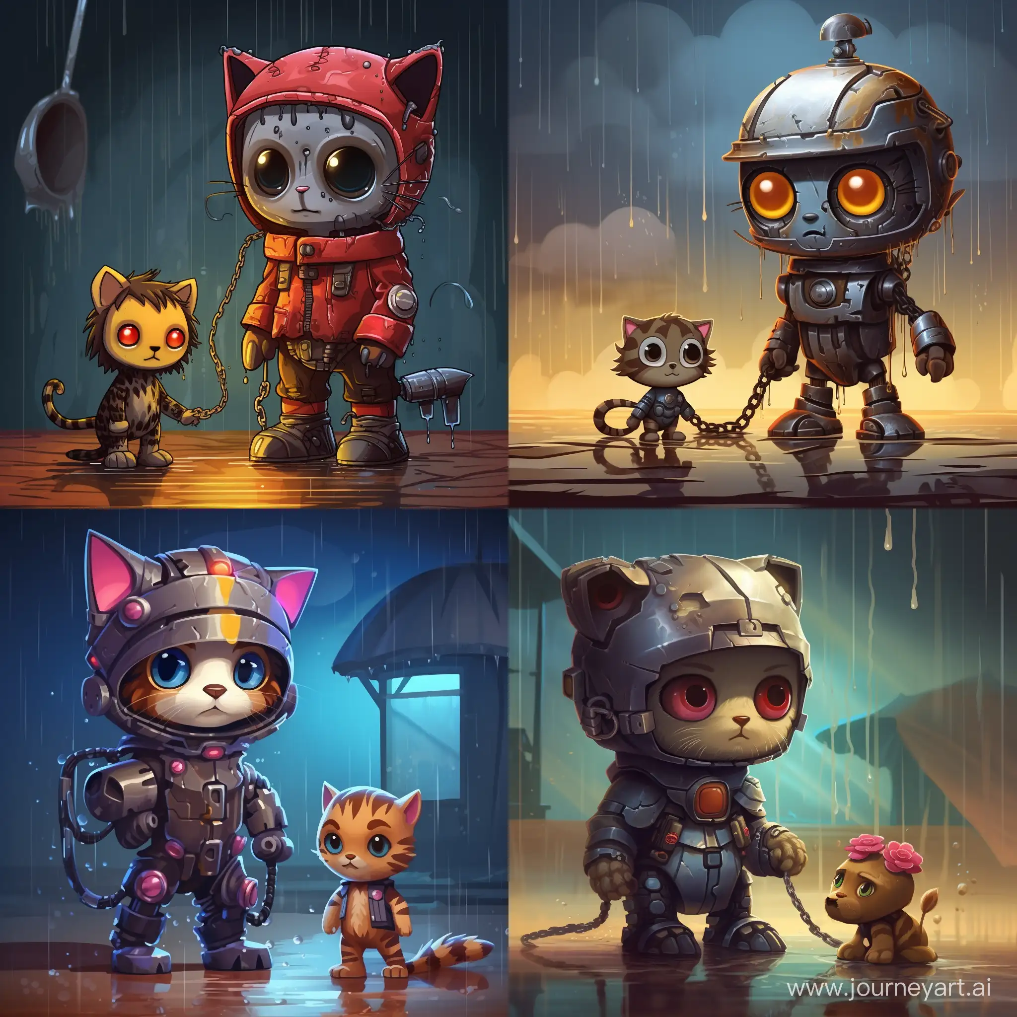 Cute-Robot-and-Kitten-Adventure-in-Cartoon-Style-Under-Light-Rain