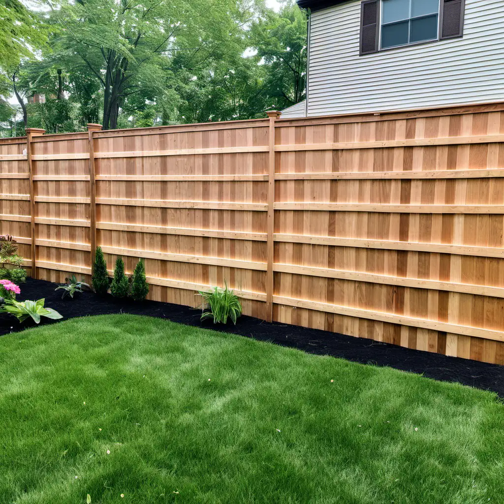 Horizontal wood fence in a backyard in Rochester New York