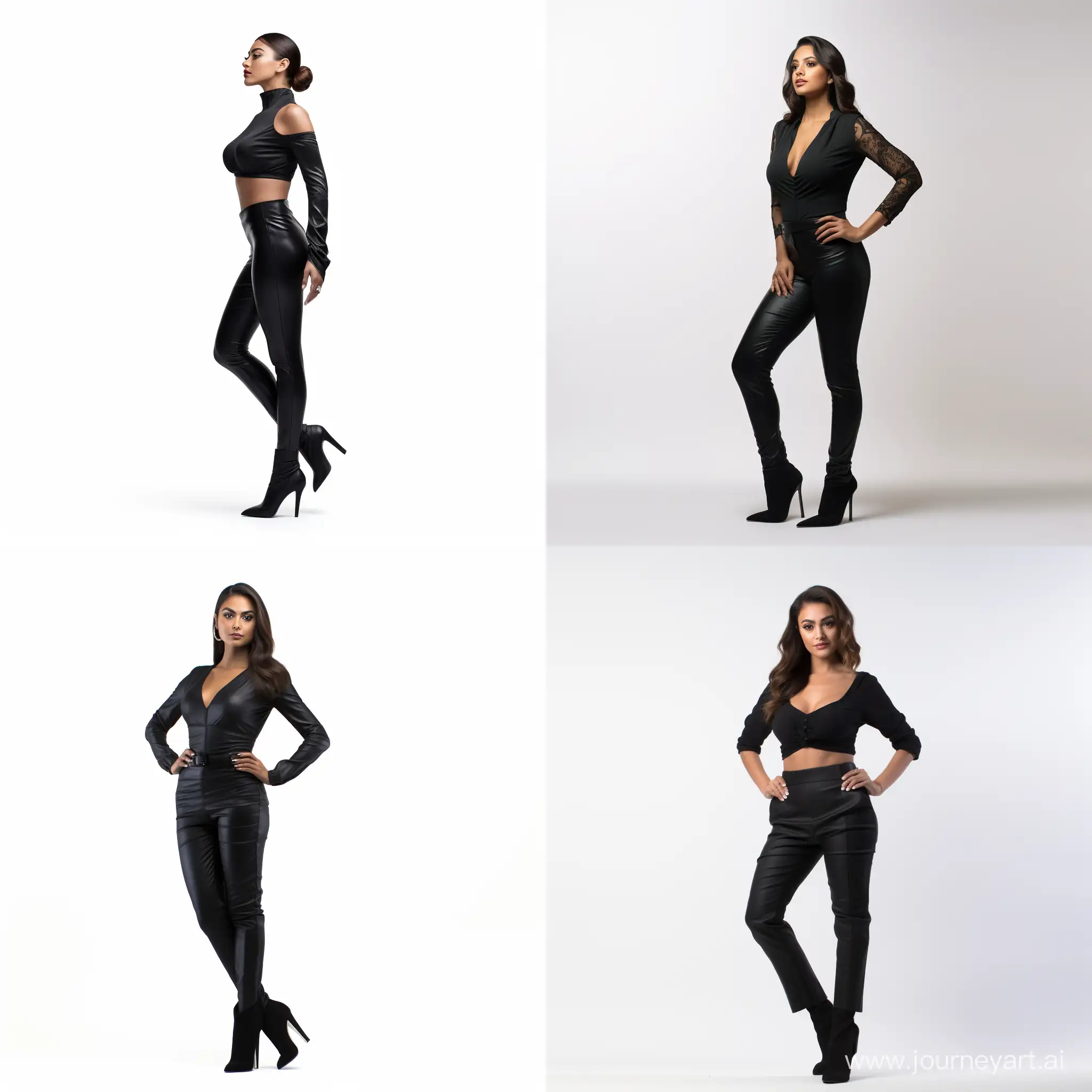 Elegant-Confident-Woman-in-Fitted-Black-Attire-on-White-Background