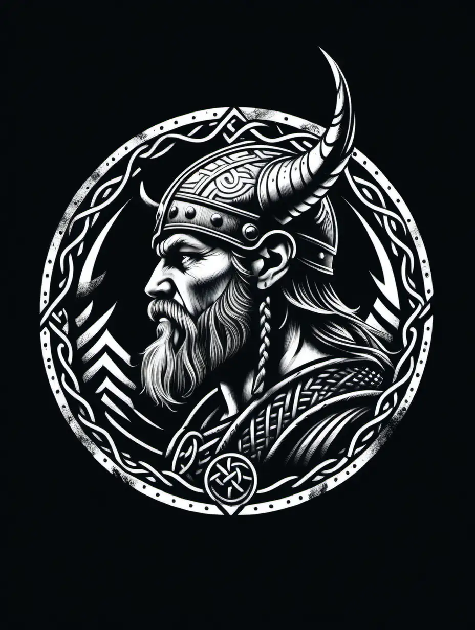 Viking Warrior Running in Black and White TShirt Design with Runen Symbols