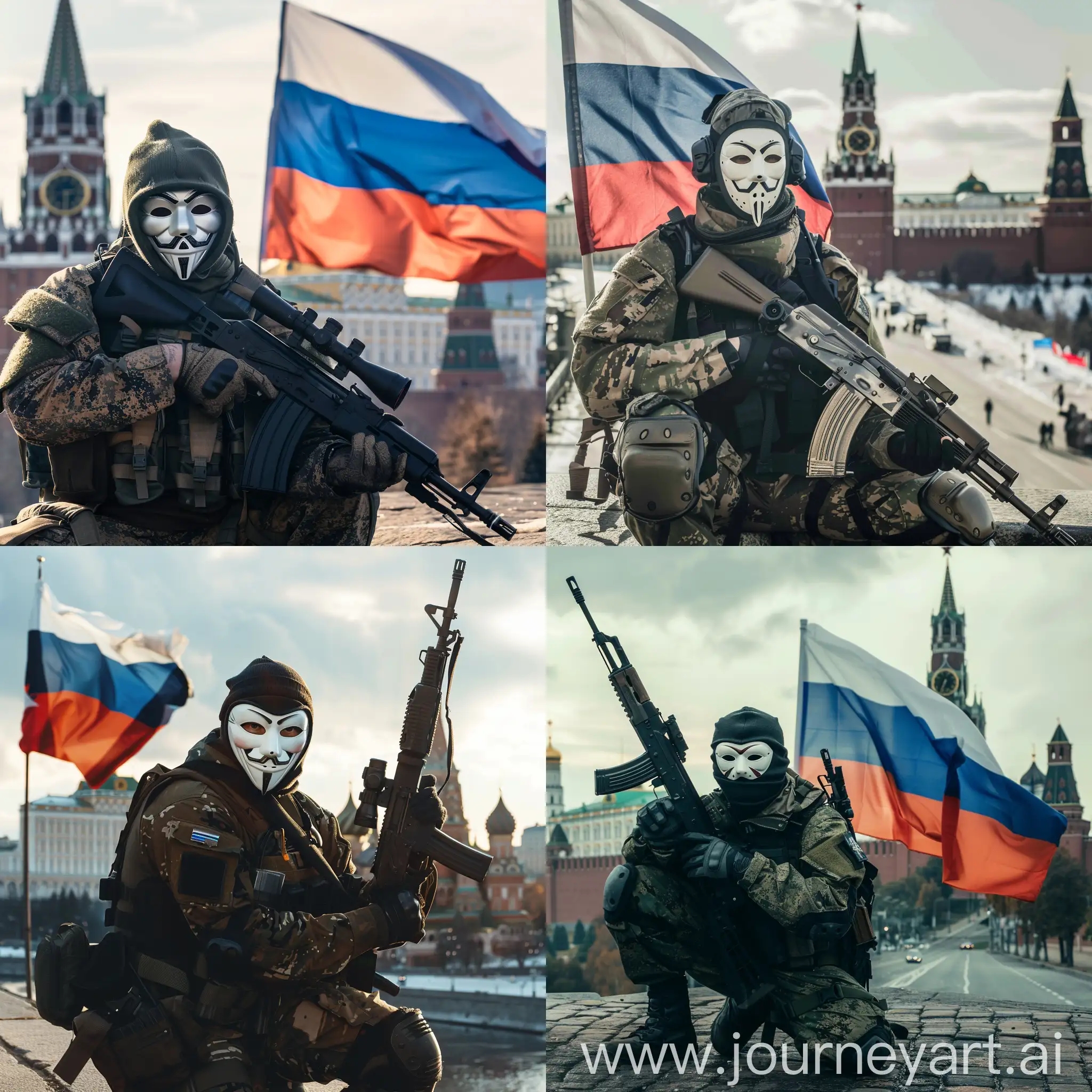 A fighter of the special operations forces in an anonymous mask with a Kalashnikov assault rifle, with the flag of Russia posing against the background of the Kremlin