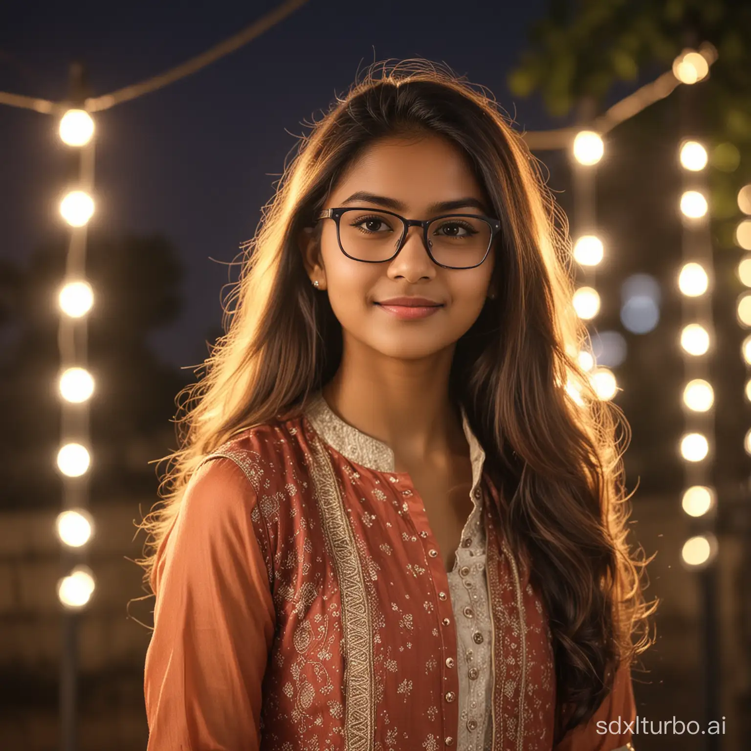 a girl age 16 yrs in indo-western clothes with a background of lights in an open place with soft and silky hair with specs