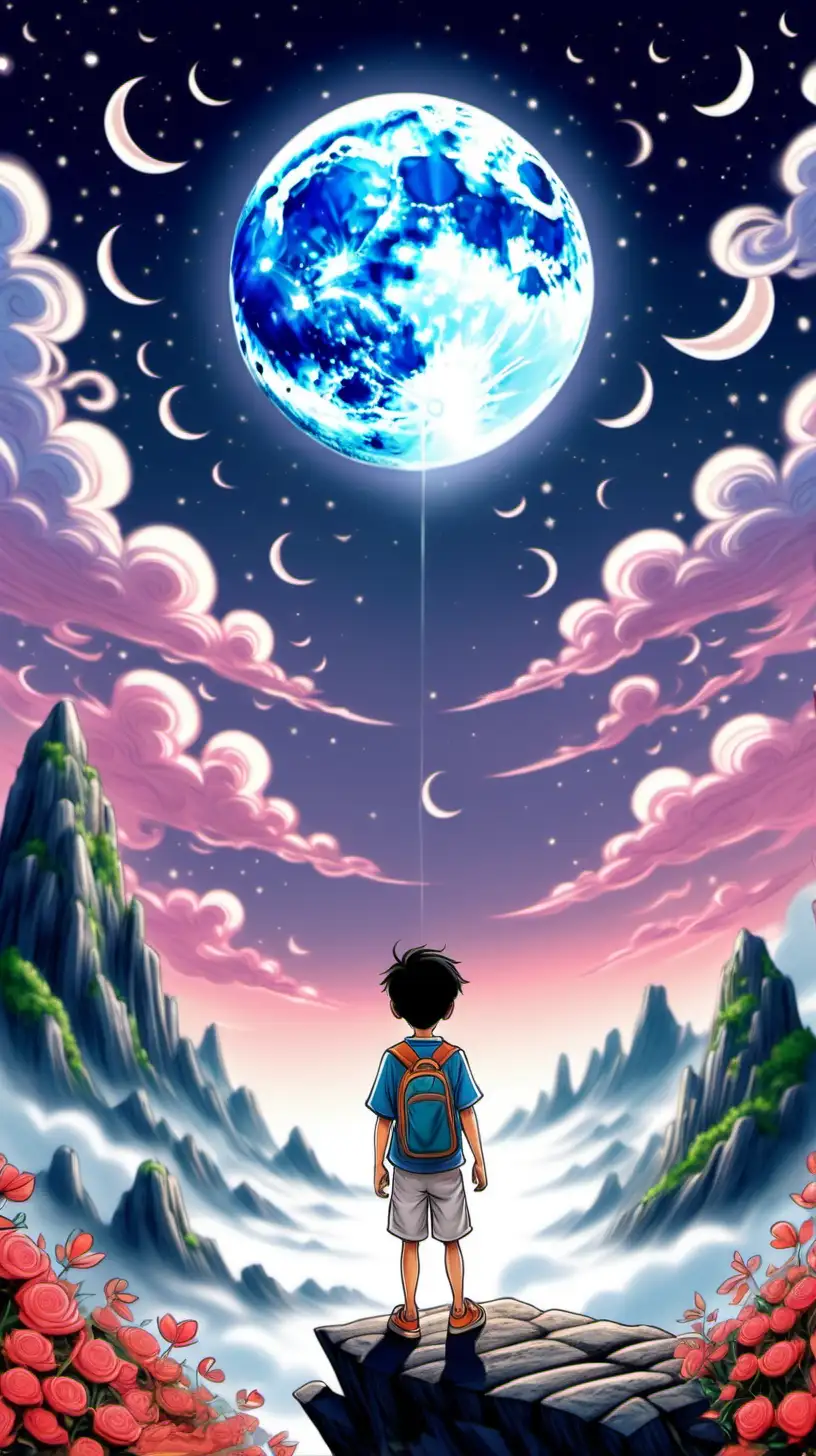 Boy Minhs Vibrant Moonlit Adventure Cartoonstyle Journey of the Heart