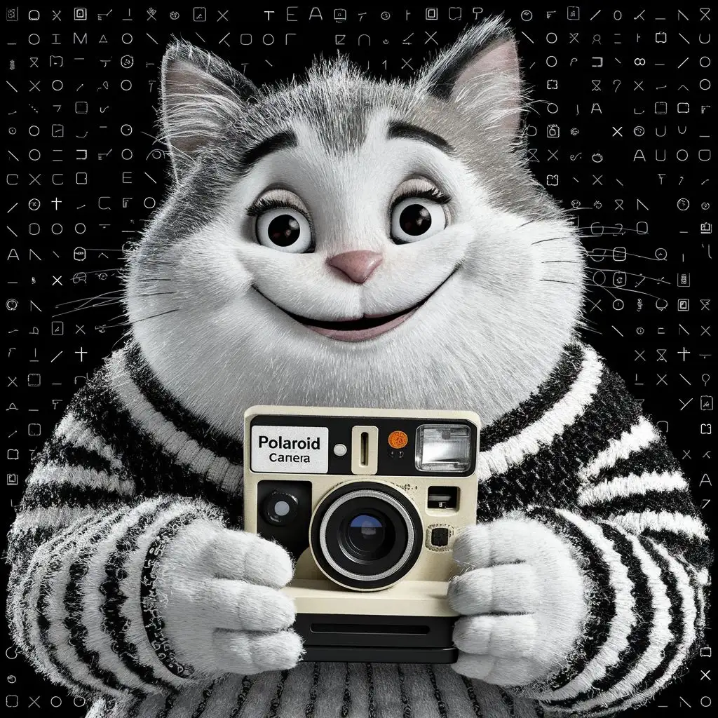 The art of drawing with symbols? ASCII Art, a painting painted by an ASCII neural network with an image of a fluffy fat cartoon cat, the cat smiles good-naturedly and holds a Polaroid camera in its paws