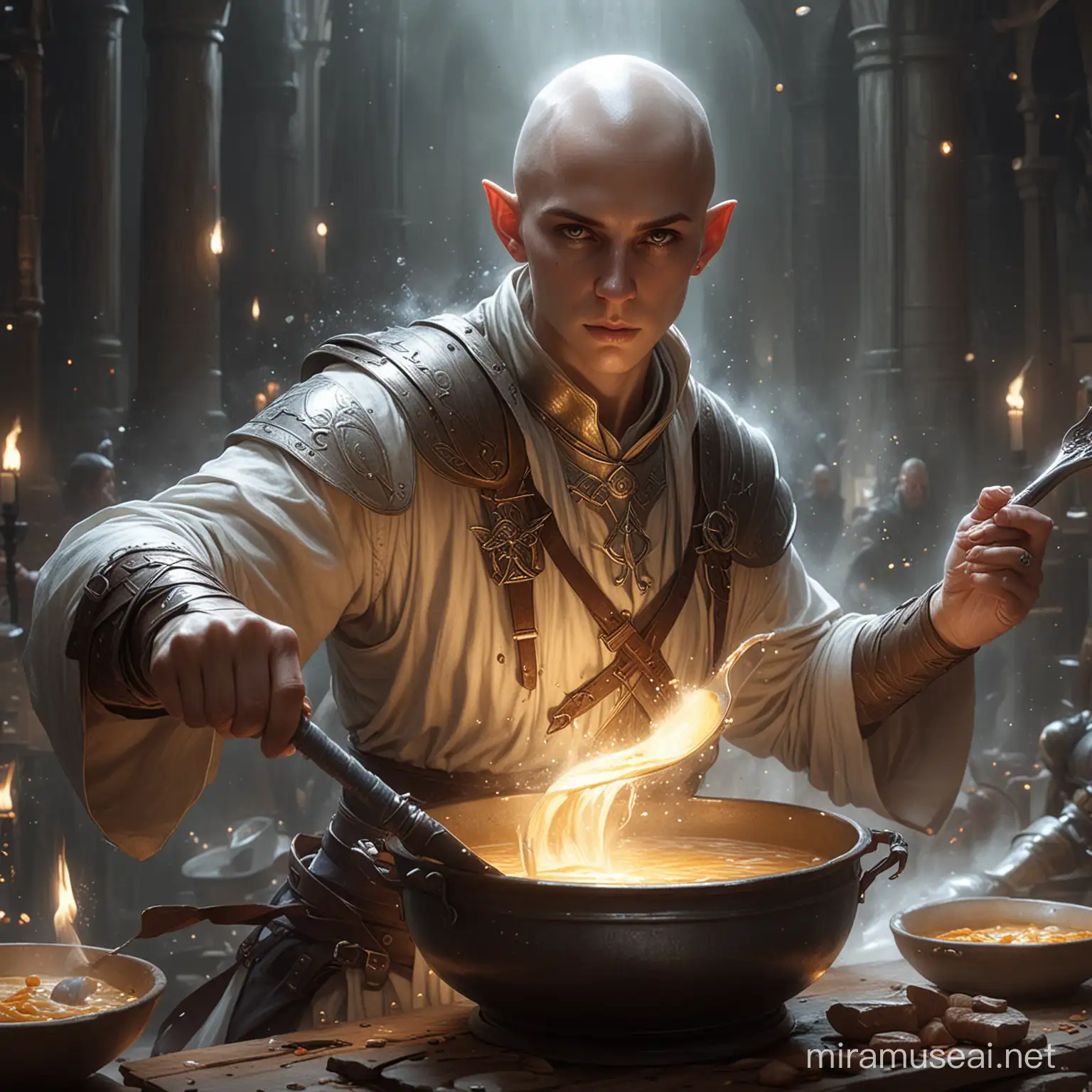 Bald non-binary half-elf cleric, fighting in battle with a long soup ladle, hands illuminated with magic