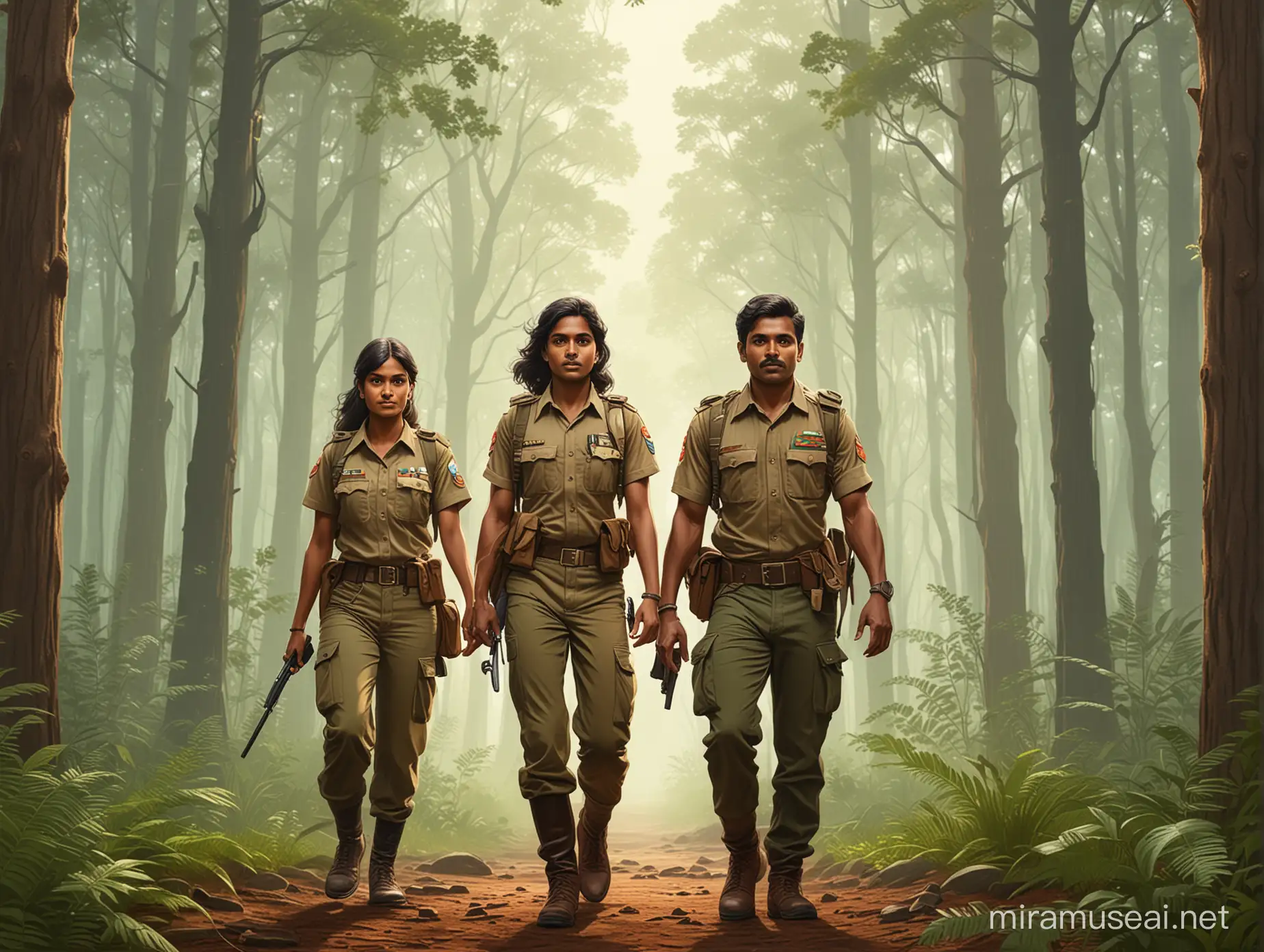 Make a vector art poster of a forest, with an Indian male and an indian female forest rangers.