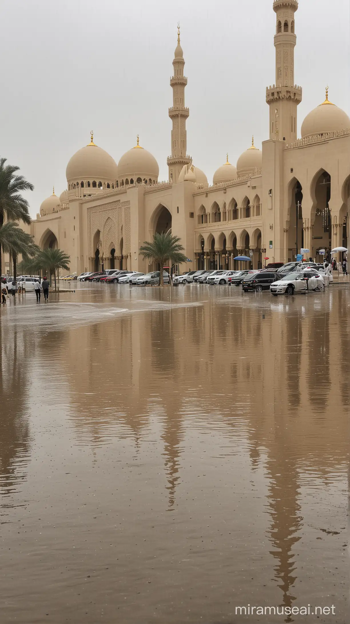 floods in Dubai, rain, beautiful high mosque, , cars,people moslem stand,umbrella