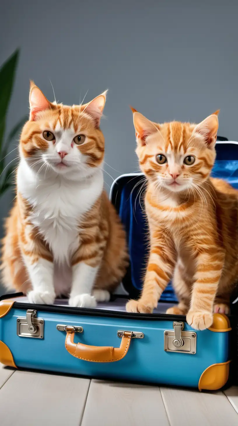 Толстая рыжая кошка и маленький рыжий котенок собирают чемодан в поездку в доме