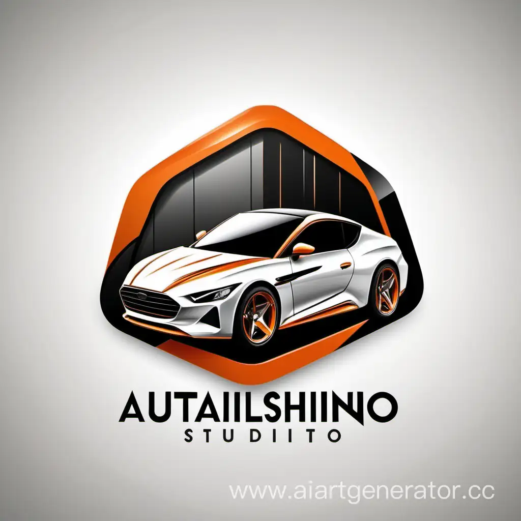 Логотип детейлинг студии с машиной , на белом фоне, стиль современный, 4k, название AUTOshine, цвета белый, черный и оранжевый