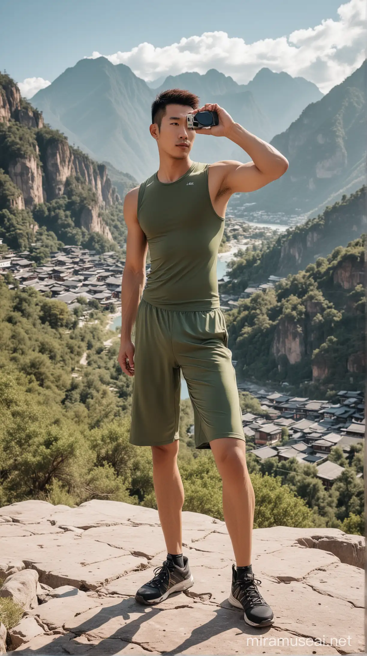 一位穿紧身运动装身材高大魁梧的中国帅哥在丽江景区拍写真