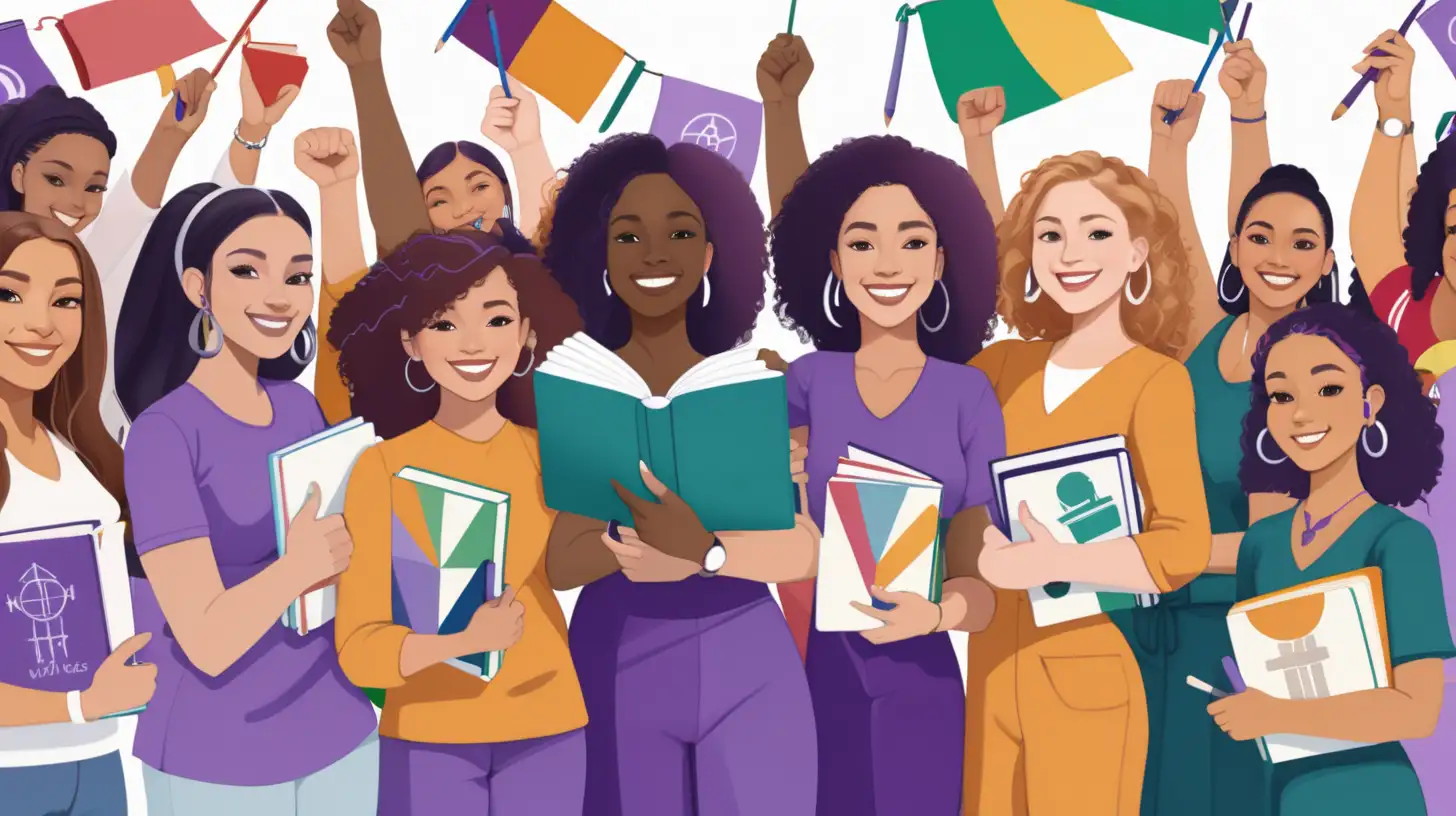 An image of women of various different ethnicities including caucasian smiling, arms linked, surrounded by banners celebrating . They hold books, paintbrushes, and symbols of empowerment, encapsulating unity and pride in their achievements. The background colors should be purple, white and green. 