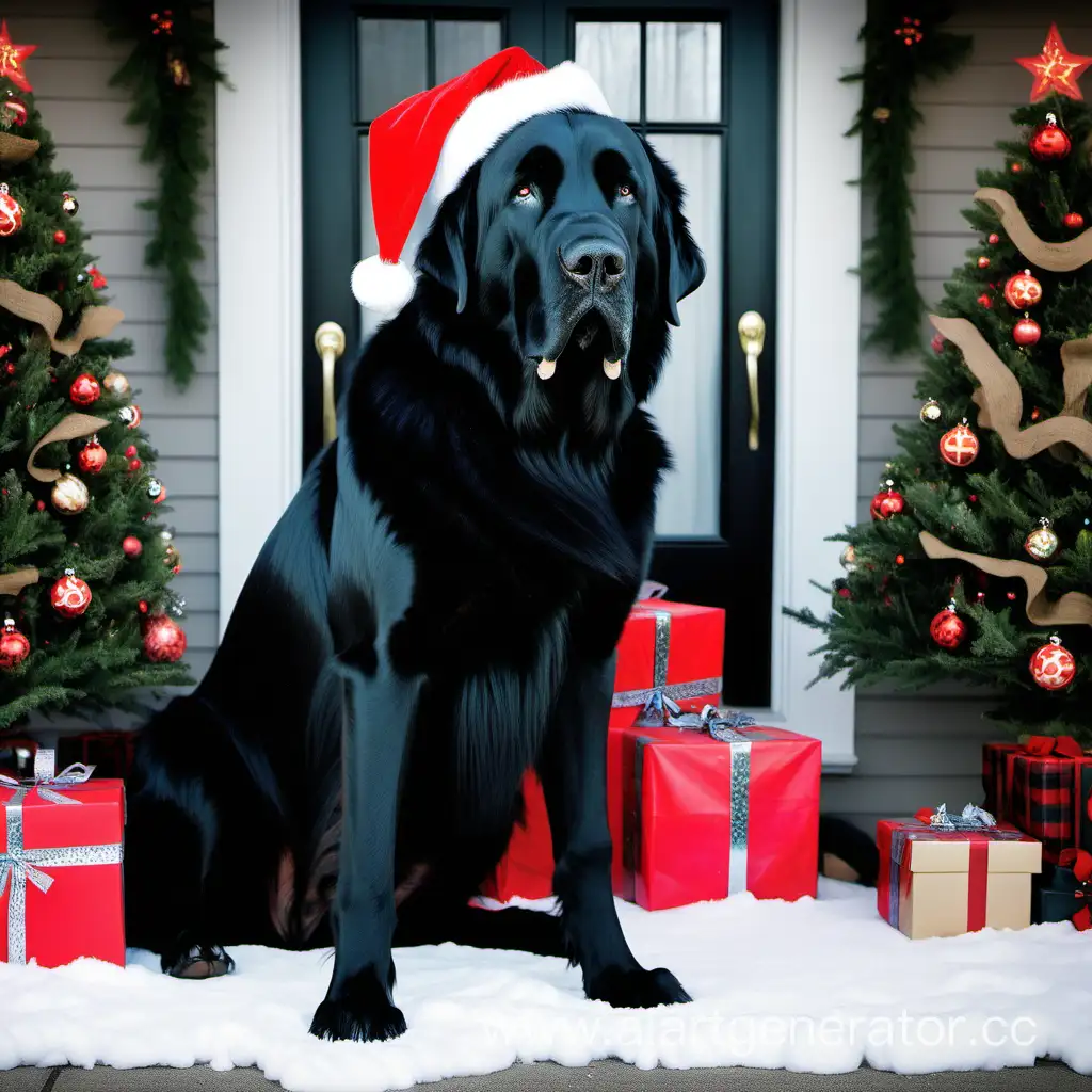 Огромная, чёрная собака, очень страшная. В рождественском антураже.