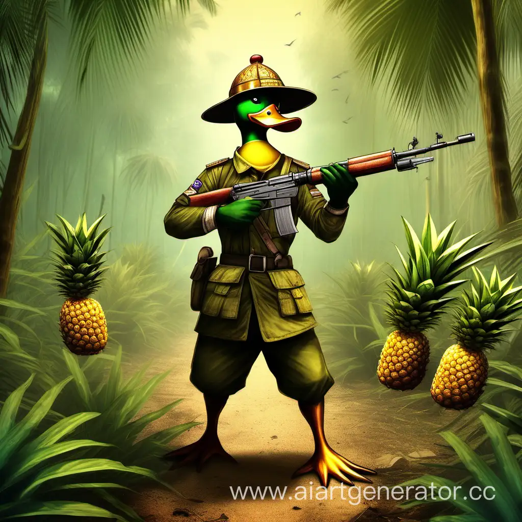 утка-партизан-воин в джунглях лаоса спасает ананасы в атаке