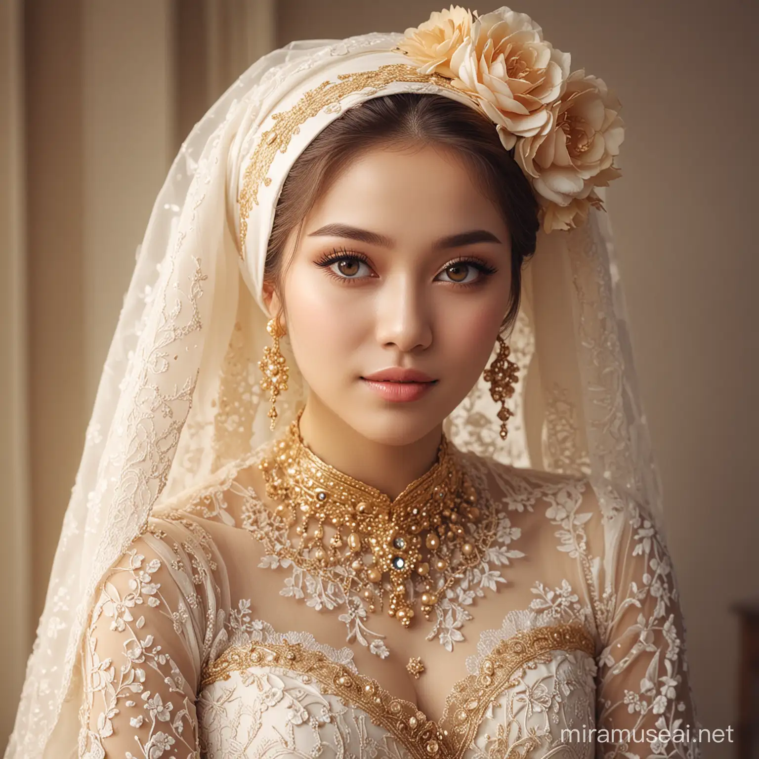 Indonesian Hijabi Woman with Intricate Floral Hair Victorian Dress and Lolita Fashion