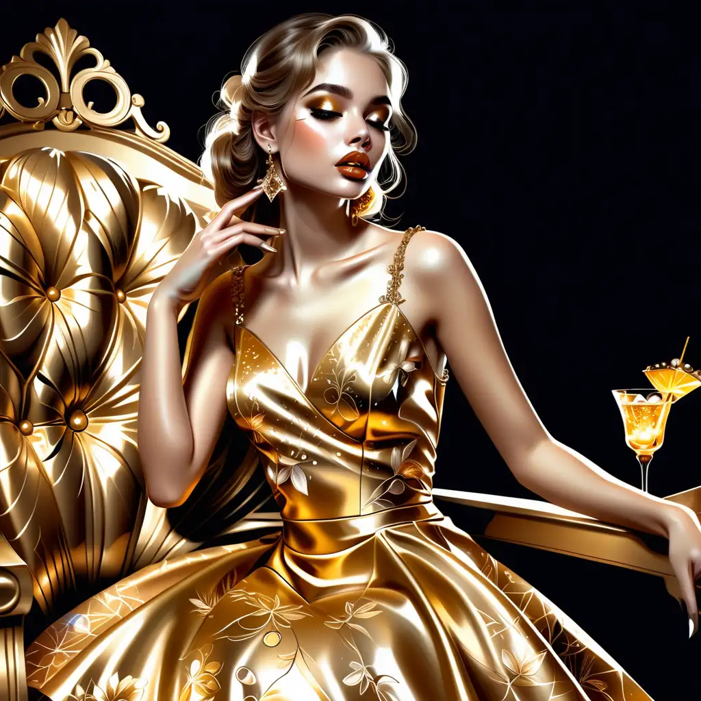 Glamorous Gold Cocktail Dress Beautiful Girl Illustration with Lip Gloss in Fantasy Style