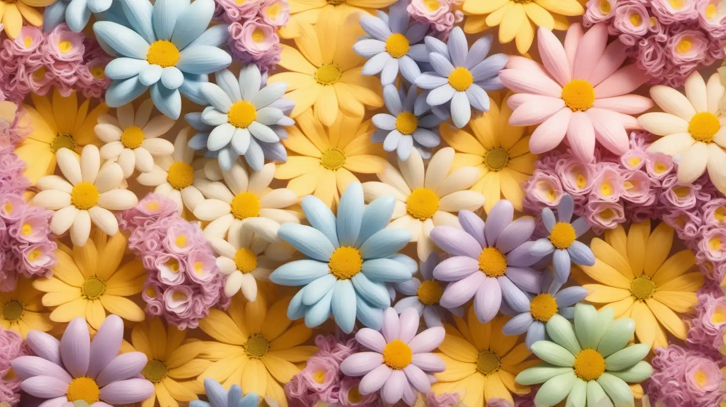 Create a floral multicolor pastel collage. clusters of small flowers. small pops of yellow flowers. Drop shadow on some of the flowers to give dimensions