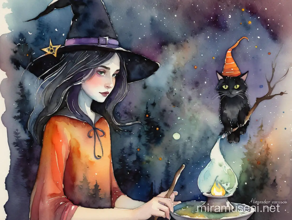 tender young witch, watercolour style by Alexander Jansson