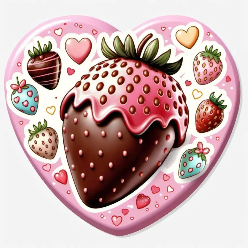 fairytale,whimsical,cartoon, big valentine  CHOCOLATE COVERED strawberry with cute decorations,
pastel, white background, sticker image