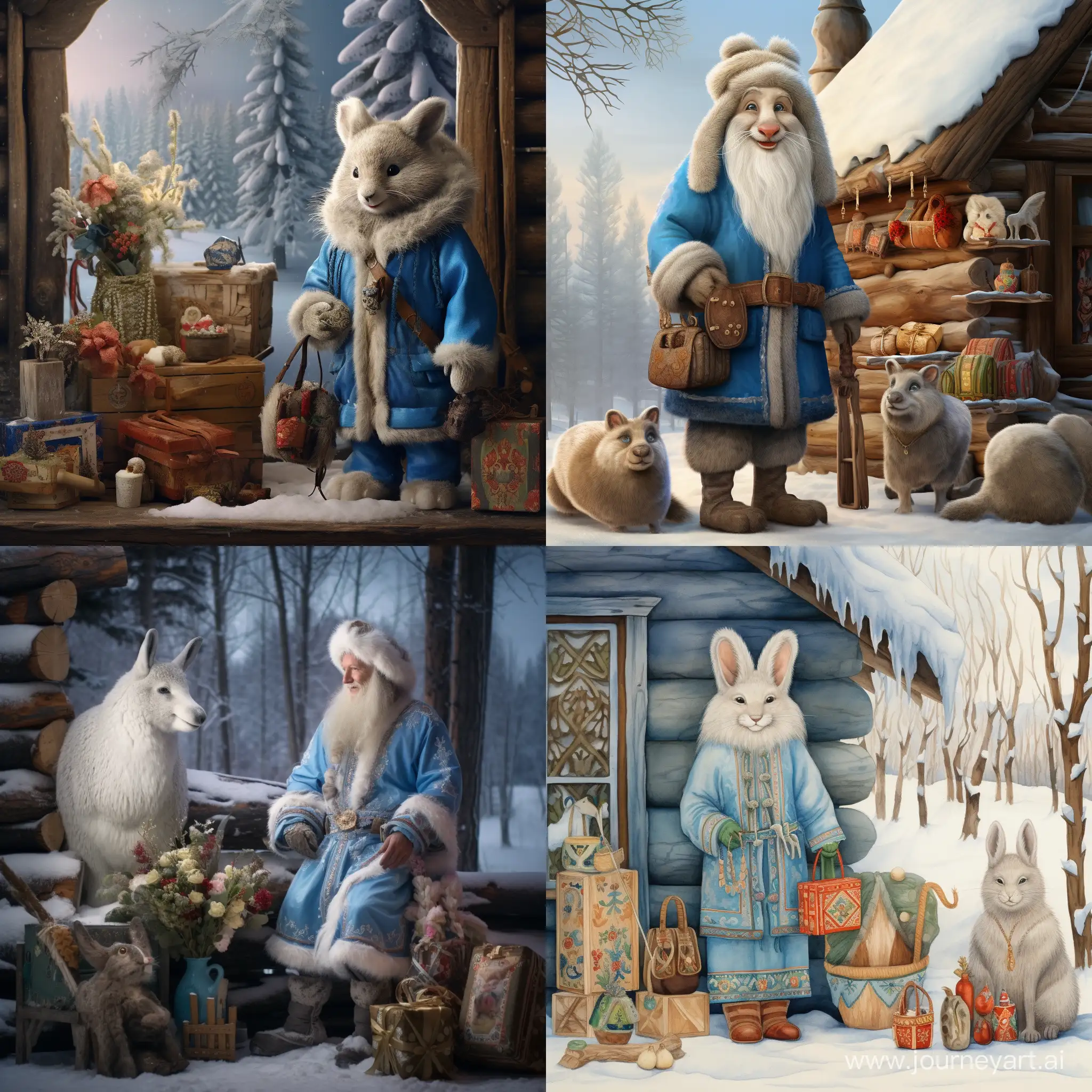 Дед Мороз в синем тулупе и валенках в зимнем лесу у бревенчатого домика с зайцами и белками. Снегурочка улыбается и стоит с мешком подарков