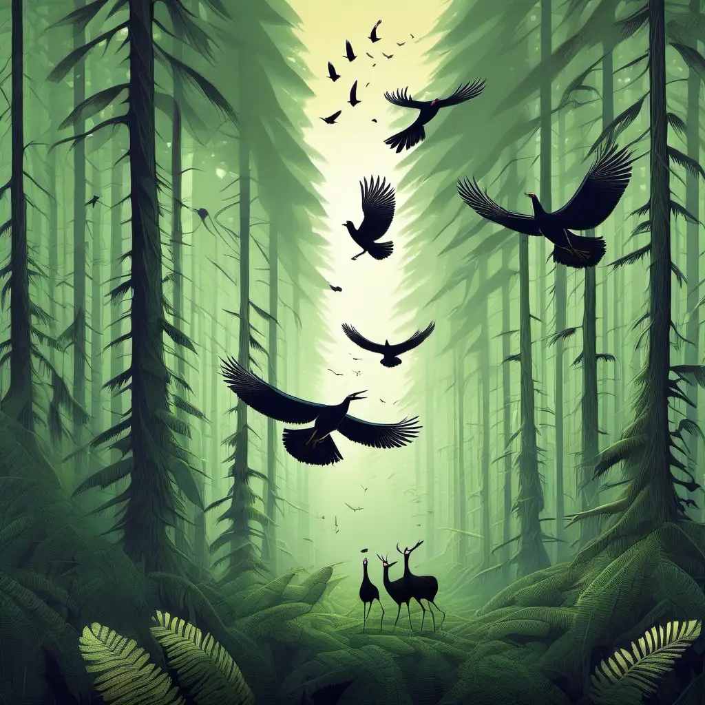 Enchanting Forest Landscape with Majestic Birds in Flight