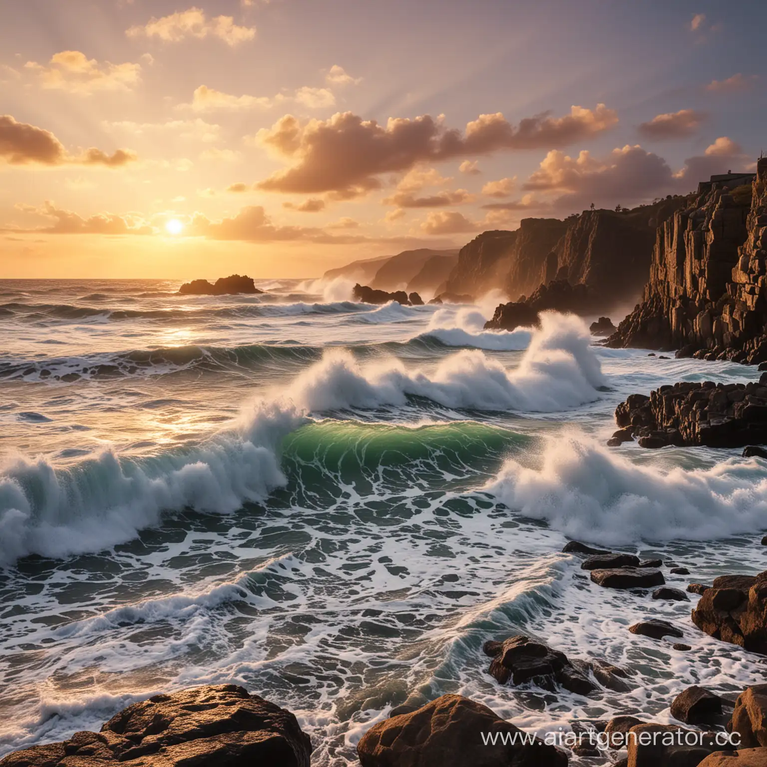 Powerful-Ocean-Waves-Crashing-Against-Coastal-Rocks-at-Sunset