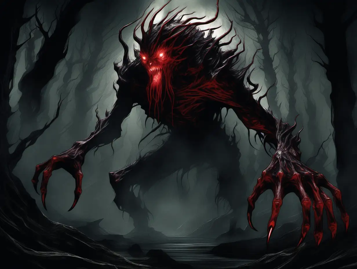 a monster creature that is a grotesque amalgamation of sinewy limbs shadow, seems to ripple and meld with the surrounding darkness. Its eyes burn with an eerie crimson glow, and its elongated fingers are equipped with razor-sharp claws that gleam in the dim light