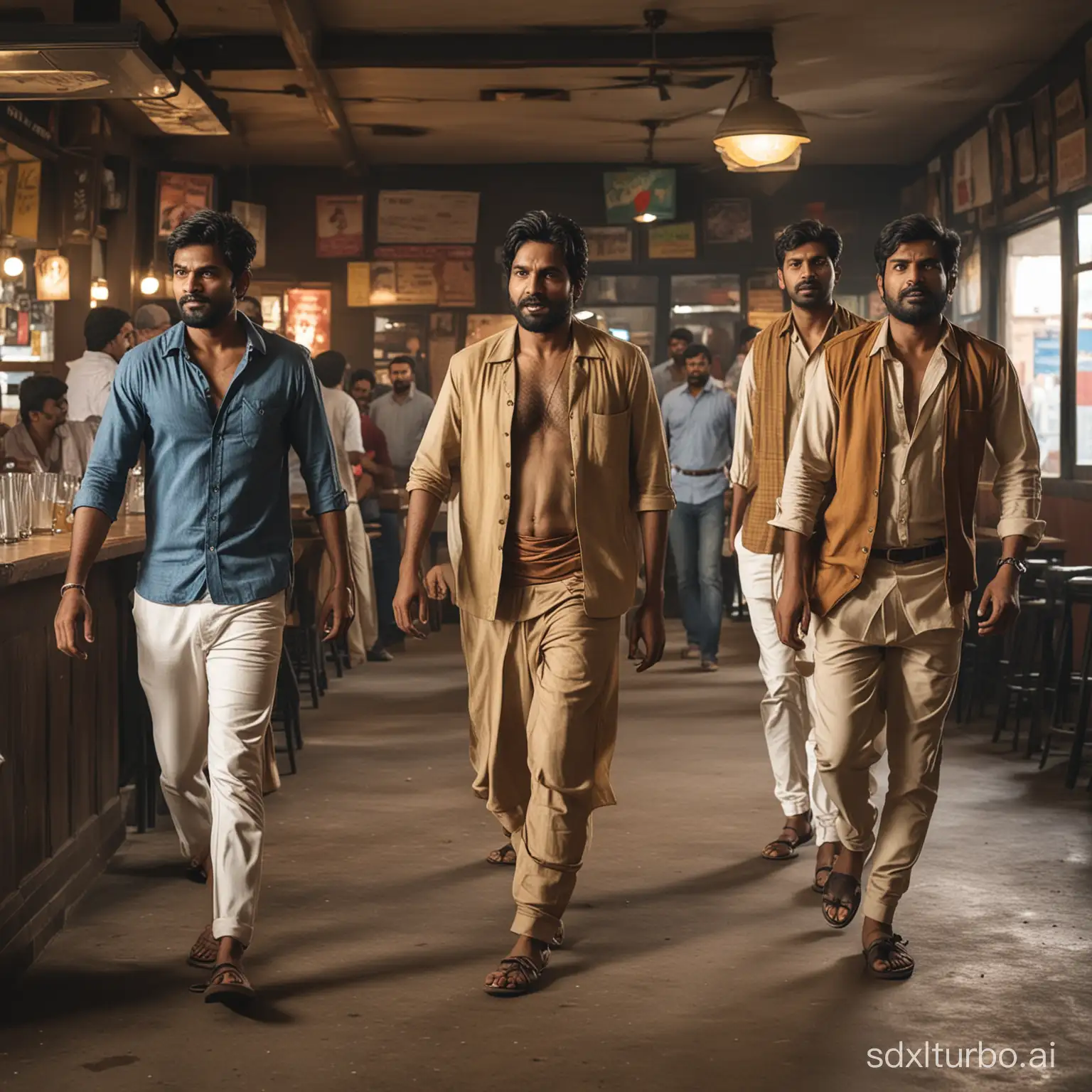 Four indian Rowdy walking angryly in a bar
