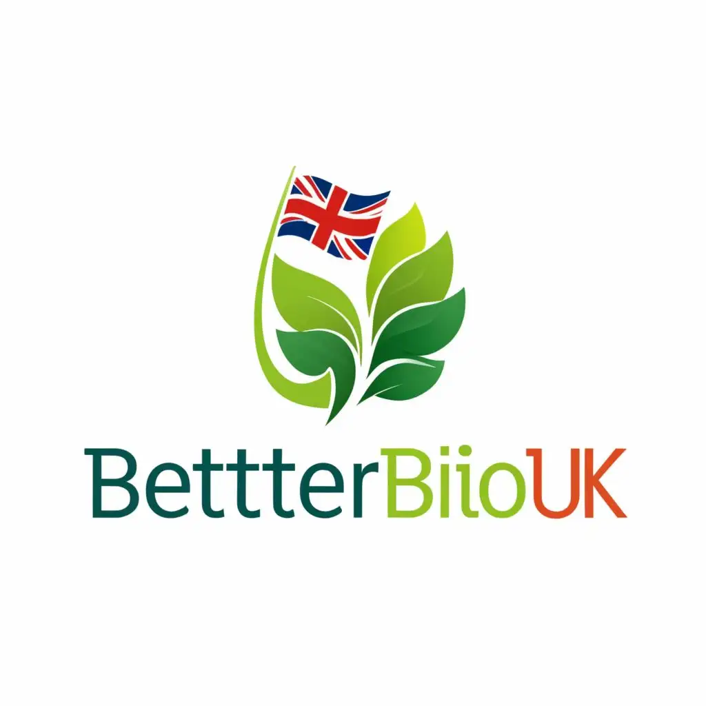 logo, green leaf or tree, UK flag, with the text "BetterBioUK", typography, be used in Technology industry