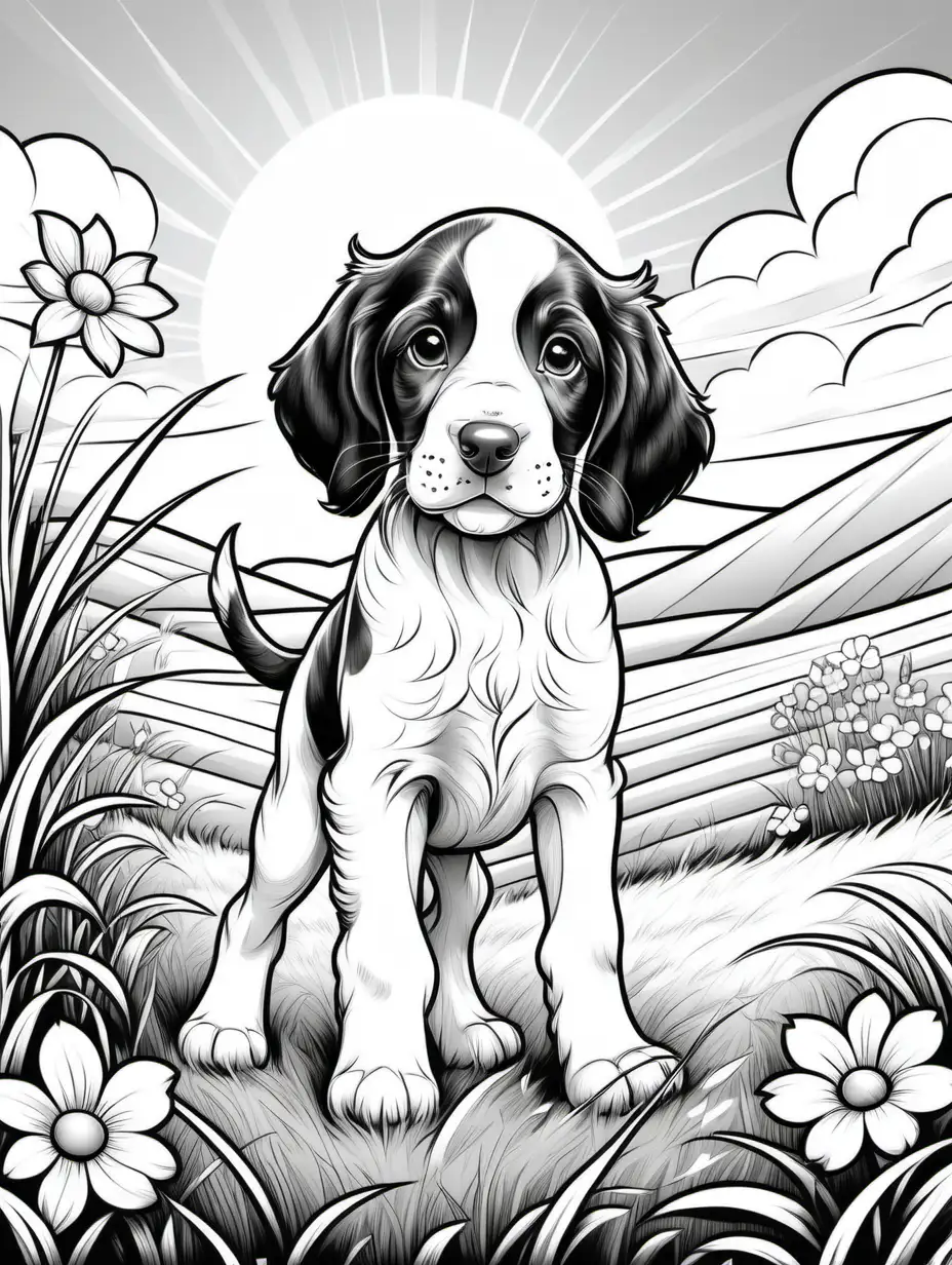 Generate an endearing and easy-to-color black-and-white line art illustration of a cute English springer puppy, all white with black outline,joyfully playing in a sunlit field for a delightful  colouring page. Picture the puppy in a playful stride, with the sun casting a warm glow across the scene. Craft a lively and simple farm background, with swaying grass or blooming flowers. Aim for an overall heartwarming atmosphere that captures the energy and sweetness of the baby animal's playful run. The goal is to provide an exhilarating and accessible coloring experience for kids of various ages. Exclude intricate details, keeping the design charming and lively for a delightful coloring adventure, keep the puppy all white with a black outline for easy colouring 

